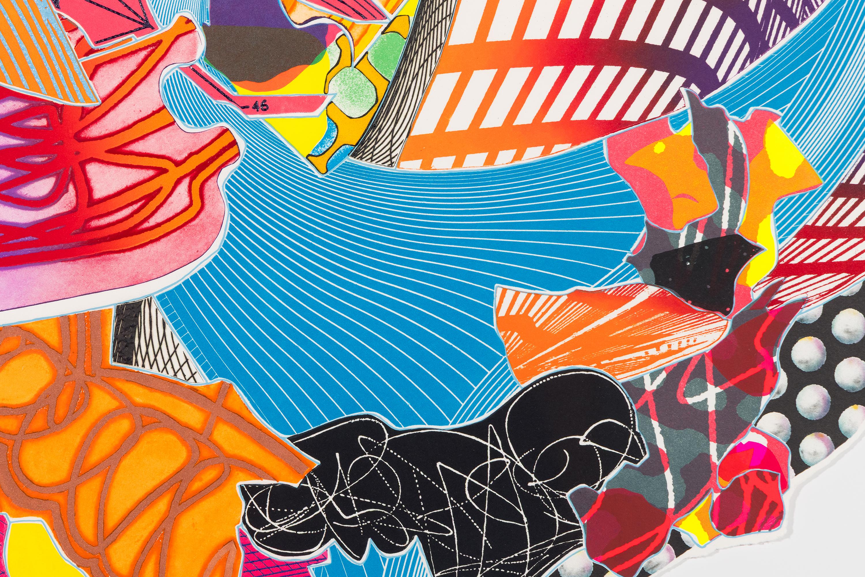 A print by Frank Stella. “Fattipuff, from Imaginary Places II” is a lithograph, screenprint, etching, aquatint, and relief print in a palette of bright colors by American painter and printmaker, Frank Stella. This is a AP print. The artwork is
