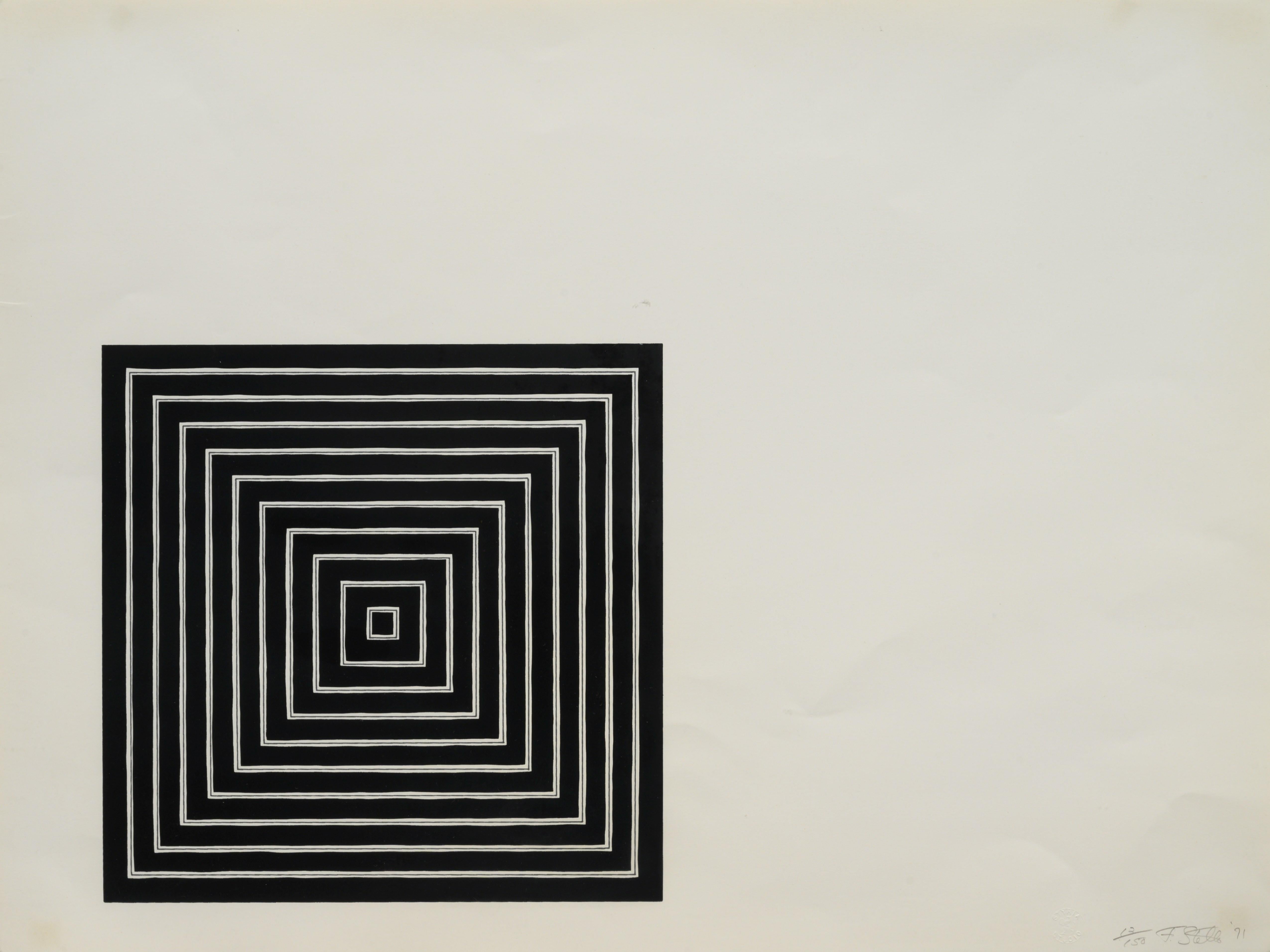 FRANK STELLA (1936-heute)

Siebdruck in Schwarz und Grau auf Fabriano-Papier, vollrandig. Signiert, datiert und nummeriert 13/150 in Bleistift unten rechts. Gedruckt von Styria Studio, Inc. in New York, mit dem Blindstempel. Herausgegeben von David