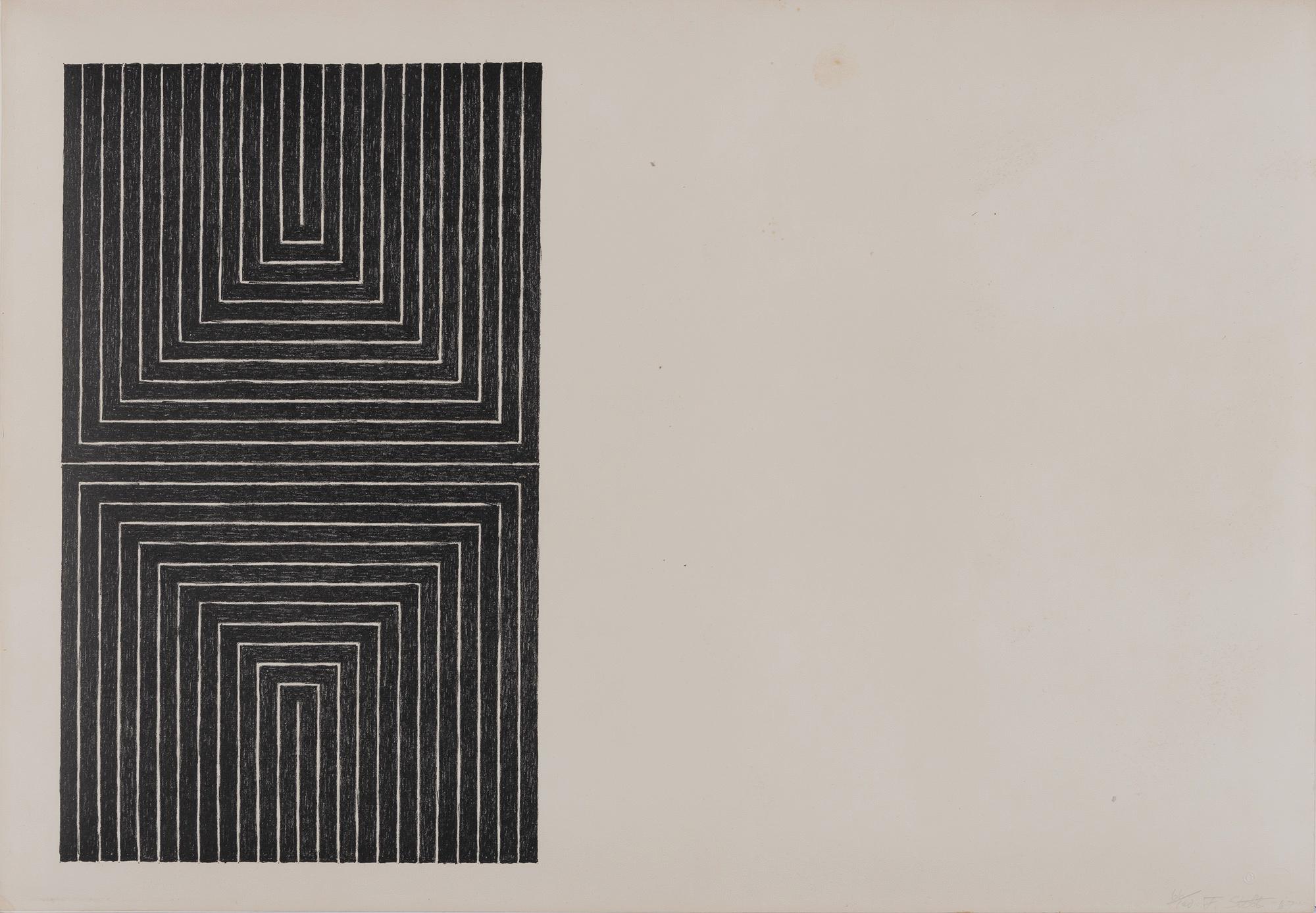 FRANK STELLA (1936-oggi)

Litografia, 1967, su carta Barcham Green, firmata, datata e numerata 66/100 a matita, da Black Series I, pubblicata da Gemini G.E.L., Los Angeles e con i loro timbri a secco, con margini completi,