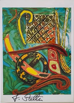 Frank Stella - Biglietto con uccelli esotici, firmato con pennarello nero da Frank Stella, incorniciato