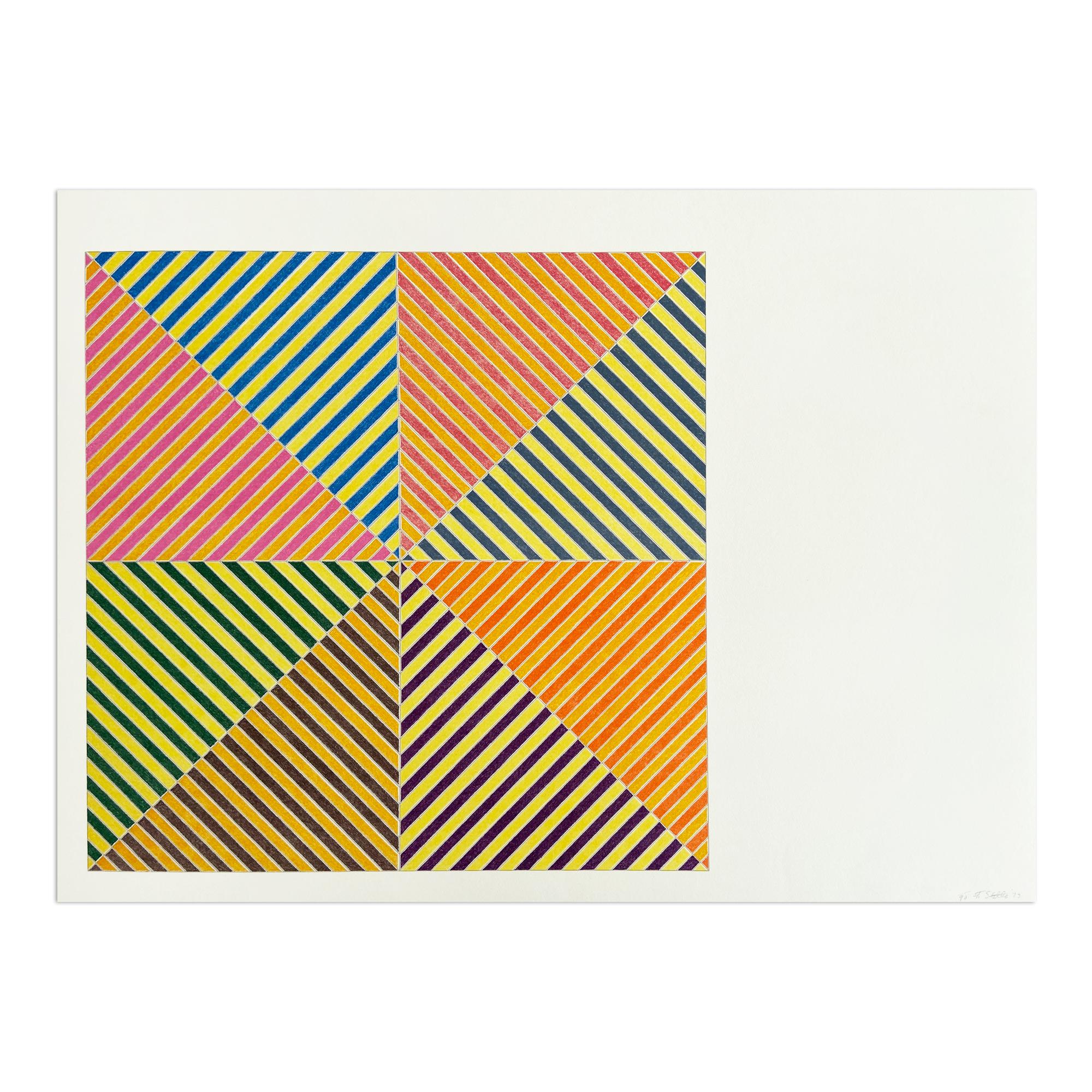 Frank Stella (American, b. 1936)
Sidi Ifni (from Hommage à Picasso), 1973
Medium: Lithograph in colors, on wove paper
Dimensions: 22 × 30 in (55.8 × 76.2 cm)
Edition of 90 + XXX + 15 AP: Hand signed and numbered in pencil
Publisher: