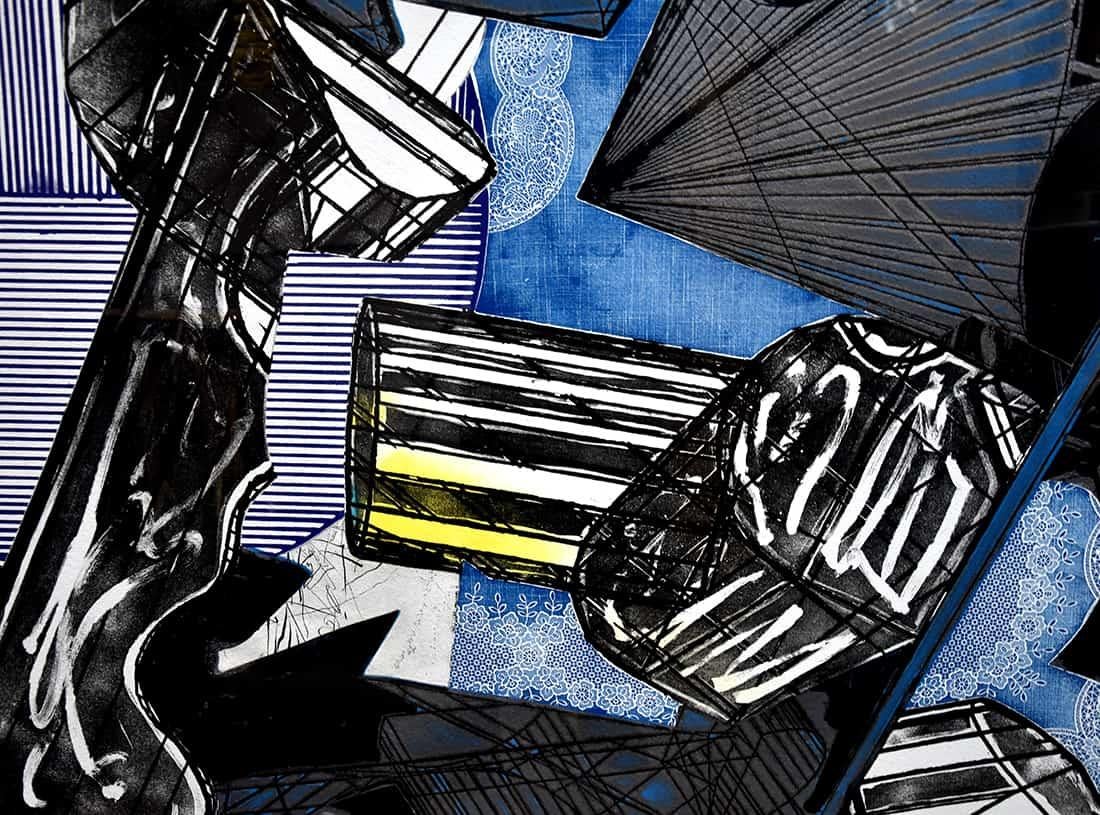 Frank Stella’s Guifà e la Beretta Rossa, (Guifà and the Red Cap), 1989, is a captivating etching made of bold colors and large-scale geometric forms. This artwork was made in collaboration with well-known print maker Kenneth Tyler.

In the upper
