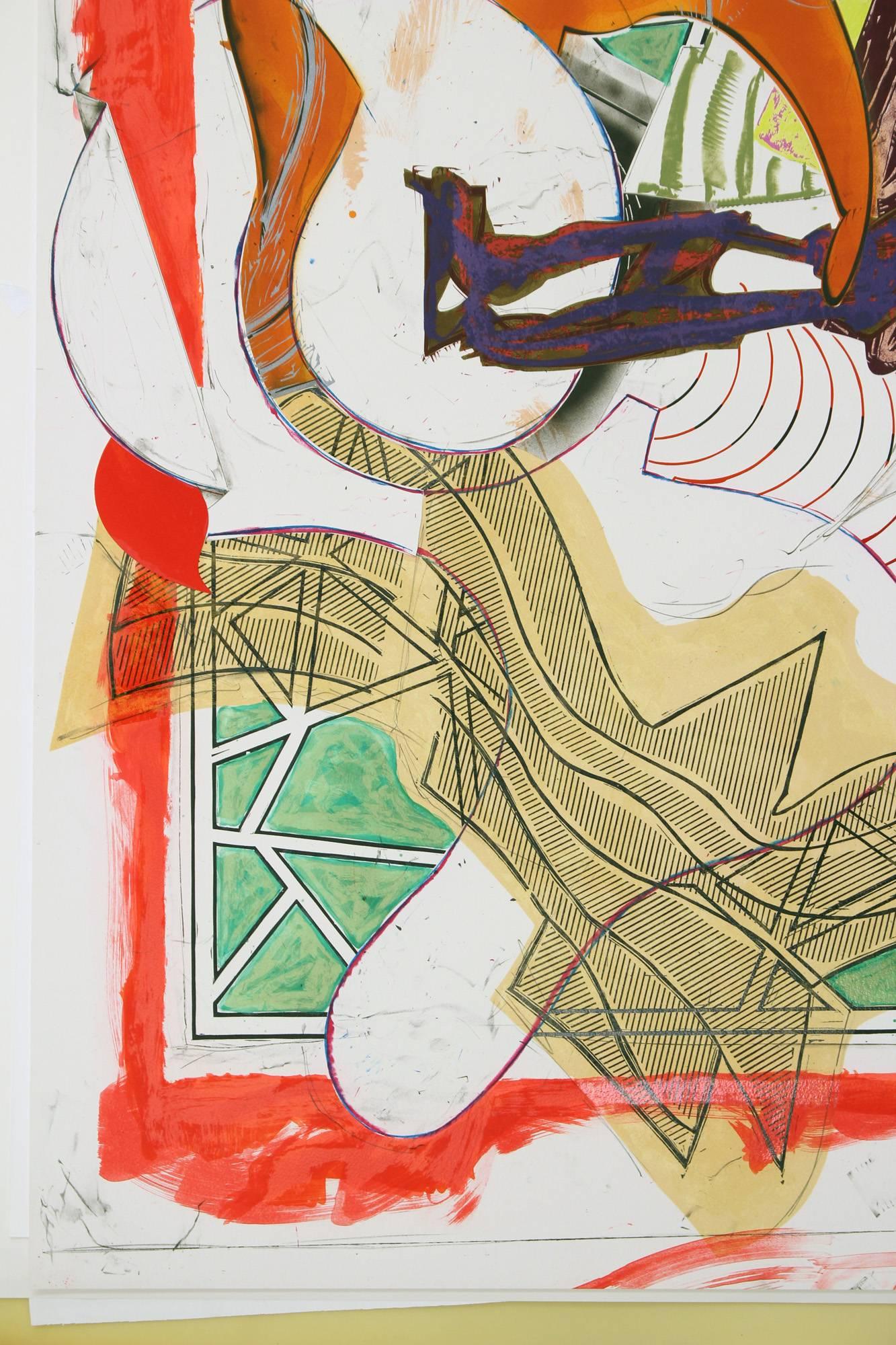 Hark! is a 1988 print by Frank Stella that combines serigraph, lithograph, and linoleum block with hand-coloring and collage. Hark! is part of Frank Stella's monumental Waves series. Waves includes thirteen multi-media prints that focus on Herman