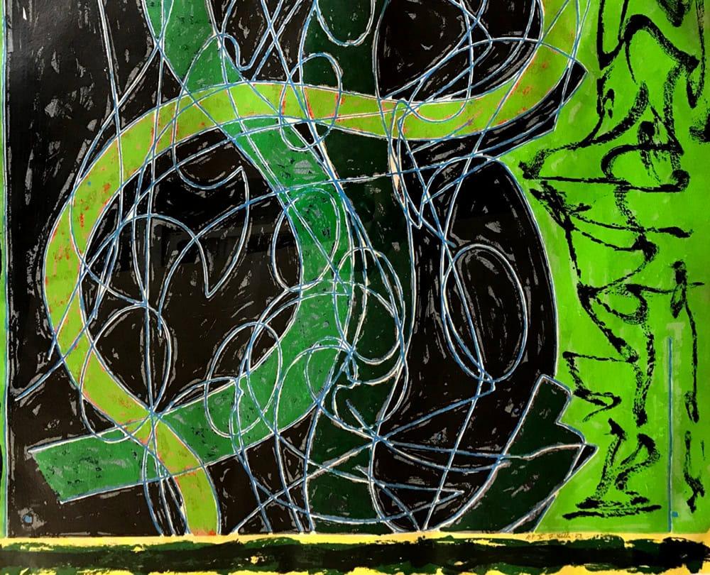 Imola Five II, Circuits Series, 1983 - Black Abstract Print by Frank Stella