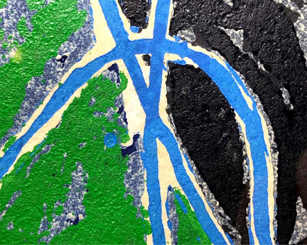 Frank Stella’s Circuits series is based on his interesting in different racetracks spanning the globe. Imola Five II is centered around the racetrack in the town of Imola, Italy. The track, Autodromo Enzo e Dino Ferrari, used to host the Formula One