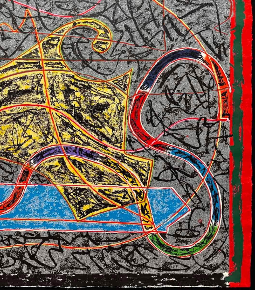 Frank Stella Imola Three II, 1984 is an engaging composition in  grey, blue, yellow and red from the artist’s Circuits Series of 1982-84. The background of this work is rendered with chaotic black linework winding over a soft grey, and two red bands