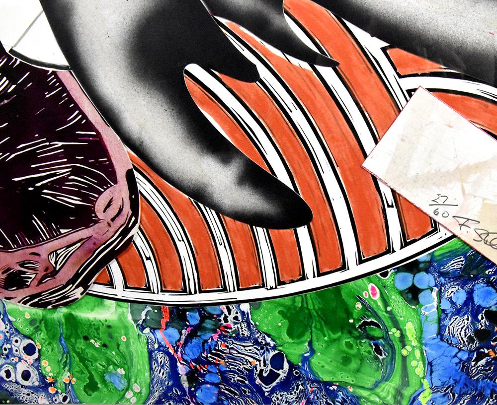 Frank Stella Moby Dick, from The Waves Series, 1989, named after a chapter from the Herman Melville classic Moby Dick is one from a series of pieces that explores the novel. The multimedia work bursts with color, texture, and depth – creating a