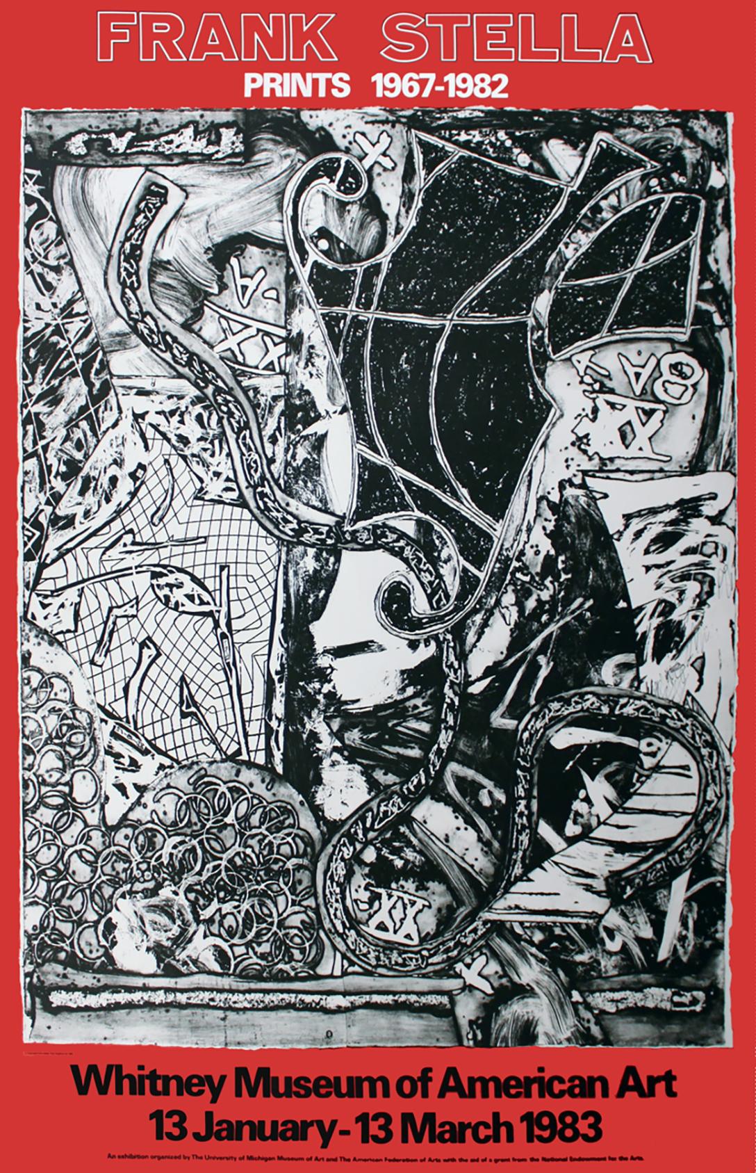 Frank Stella (après)
"Gravures 1967-1982
Whitney Museum of American Art, New York, 1983
Affiche en lithographie offset
74 3/4 × 52 1/4 pouces
Non signé

Cette affiche a été créée pour l'exposition de Frank Stella "Prints 1967-1982" au Whitney Museum