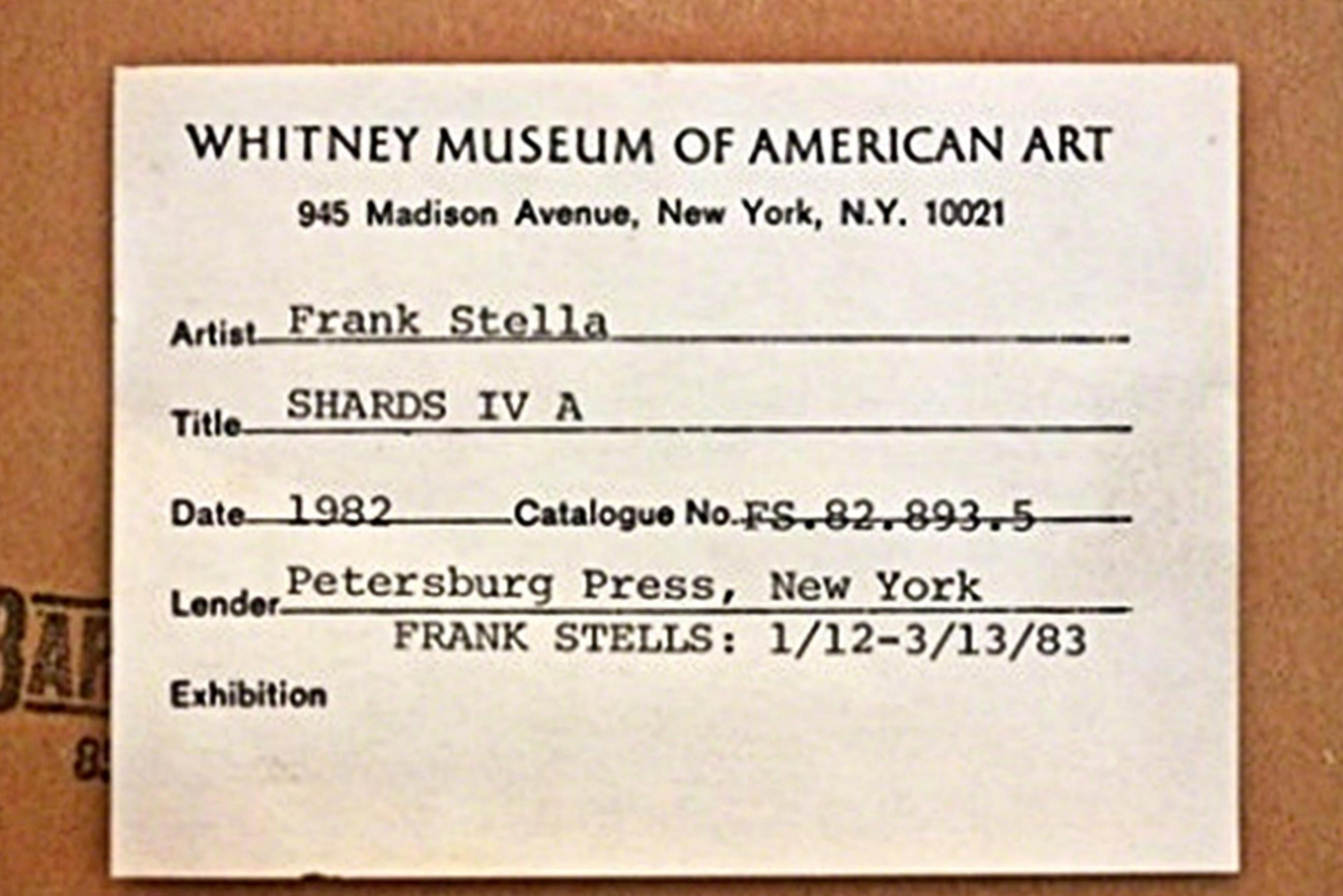 Frank Stella
(Whitney Museum Exhibited) Shards IVA (Axsom 151), 1982
Lithograph & Silkscreen on Arches Cover Paper (Whitney Museum exhibition label verso of frame)
45 1/2 × 39 1/4 inches
Edition 40/49
Signed on the front and numbered from the