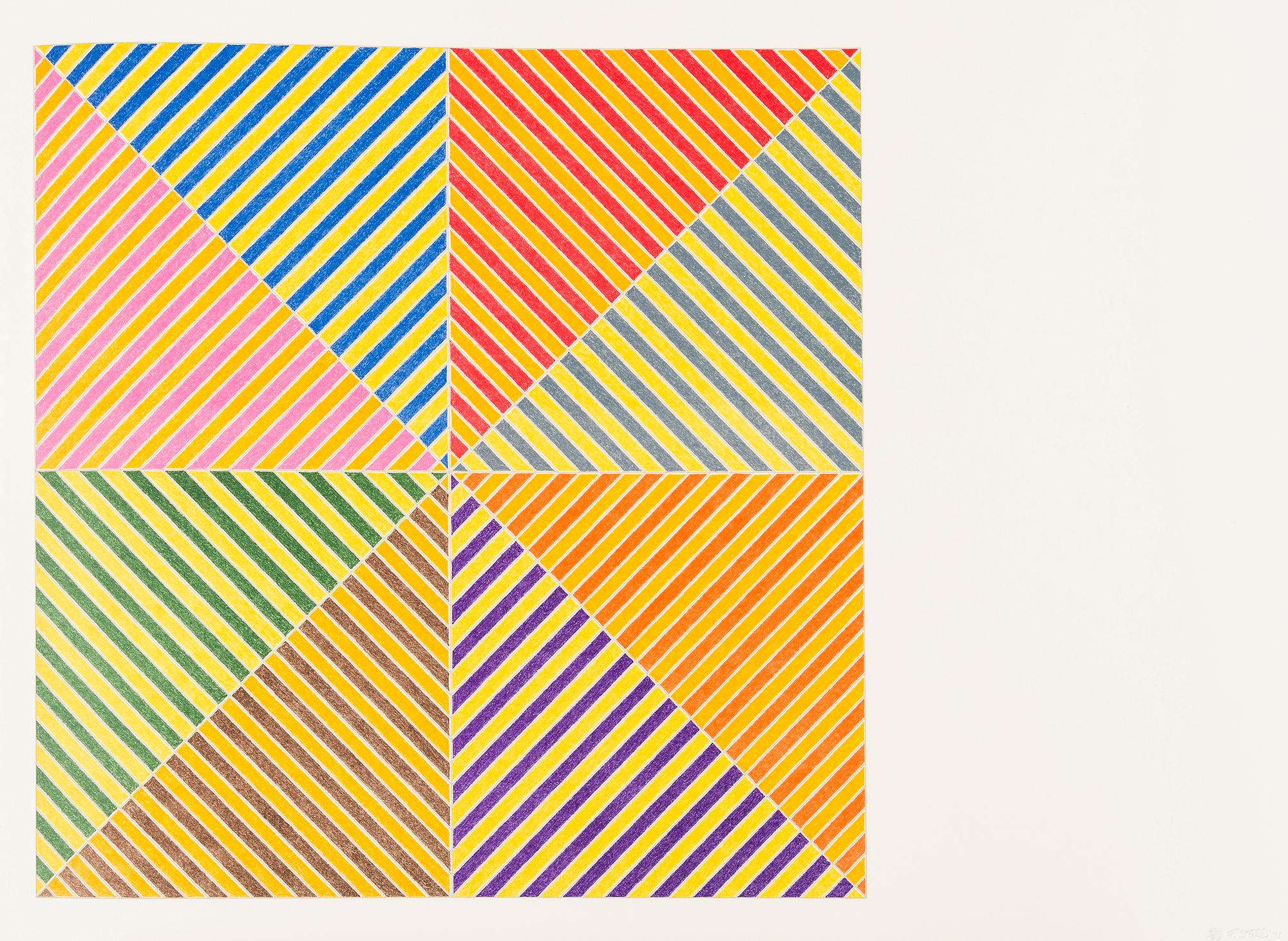 FRANK STELLA
Sidi Ifni, 1973

Offset lithograph in colours, on Copperplate Deluxe paper
Signed, dated and numbered from the edition of 90
From Hommage à Picasso
Co-published by Propyläen Verlag, Berlin and Pantheon-Presse, Agno
Image:  48.3 x 48.0