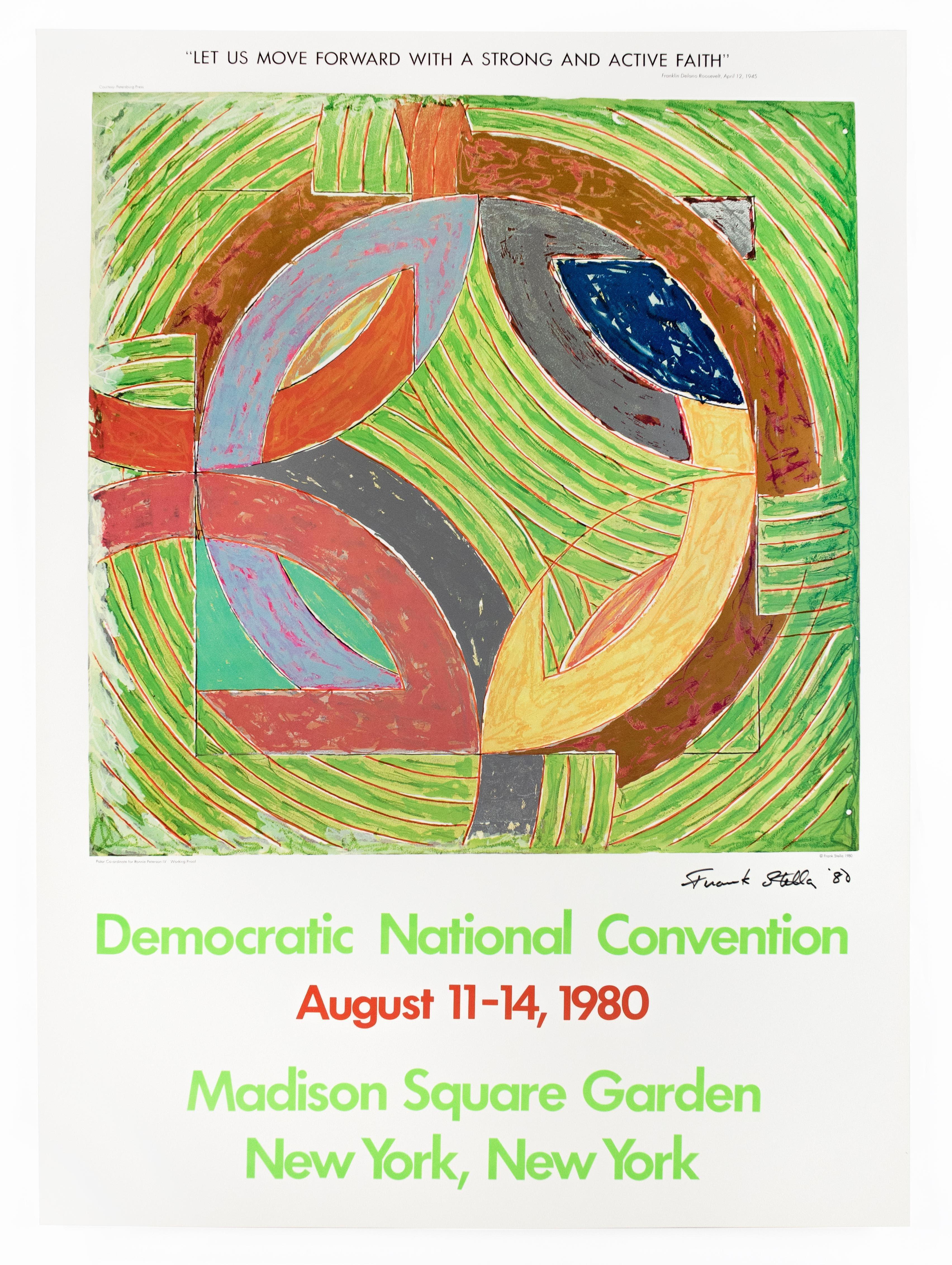 Colorful vintage poster for the 1980 Democratic National Convention, held in Madison Square Garden in New York.Concentric lines of orange and bright green interweave with strokes of pink, yellow, red, turquoise, silver, and gold. Printed with