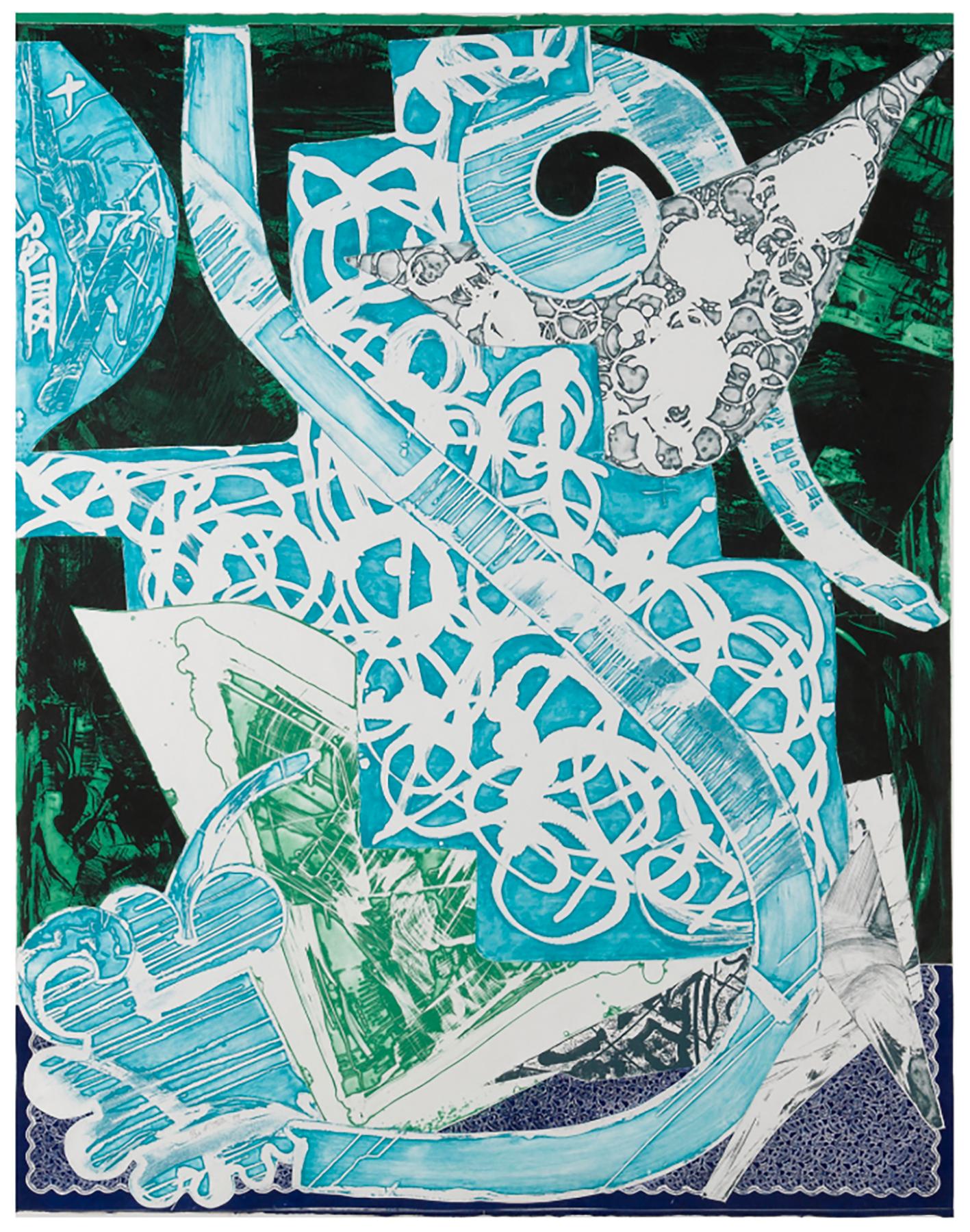 Frank Stella Abstract Print - Swan Engraving Blue, Green, Grey