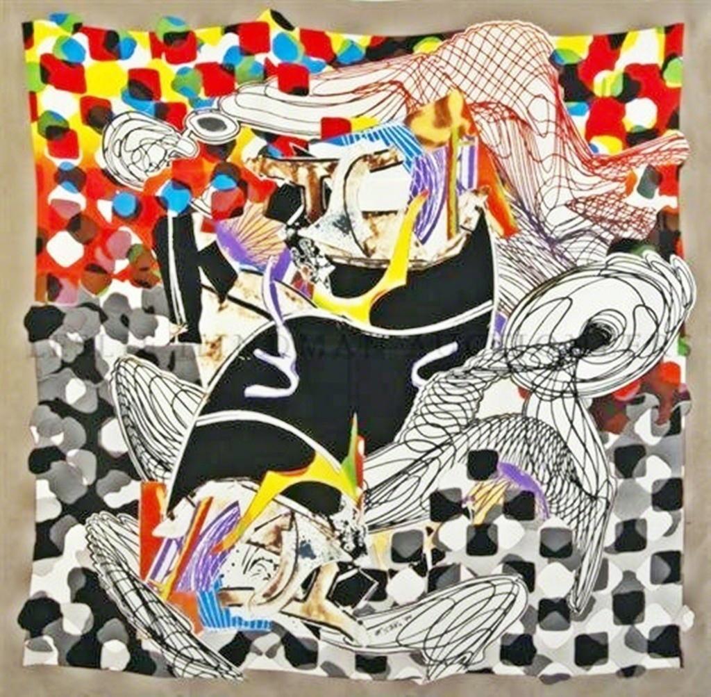 Frank Stella
The Whale Watch Shawl (signed in indelible black marker), held in red silk presentation box; also with embossed COA hand signed by Frank Stella and Kenneth Tyler, 1994
Large (54 Sq inches) Silkscreen on 100% Italian Silk Shawl, hand