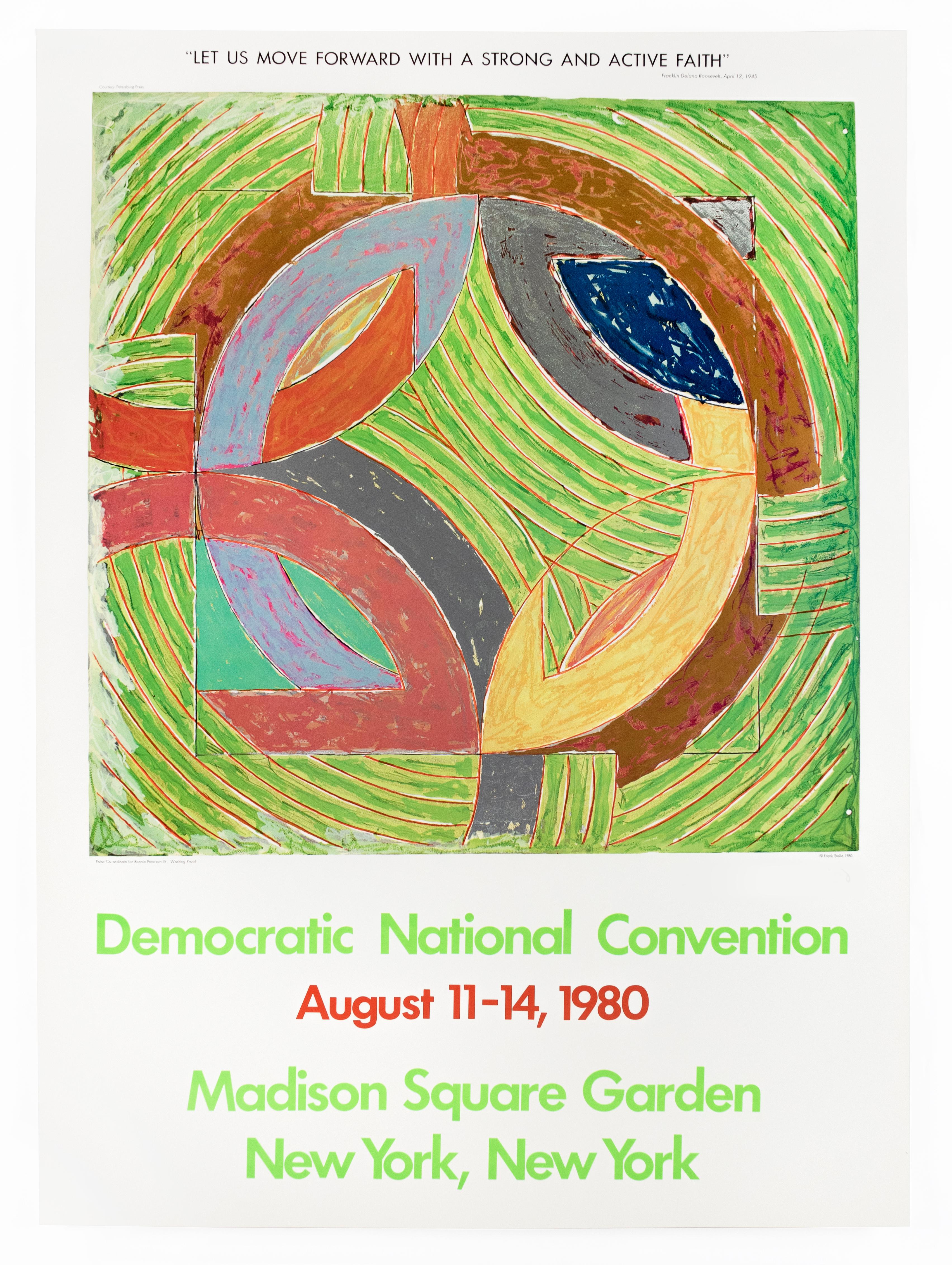 Colorful vintage poster for the 1980 Democratic National Convention, held in Madison Square Garden in New York.Concentric lines of orange and bright green interweave with strokes of pink, yellow, red, turquoise, silver, and gold. Printed with