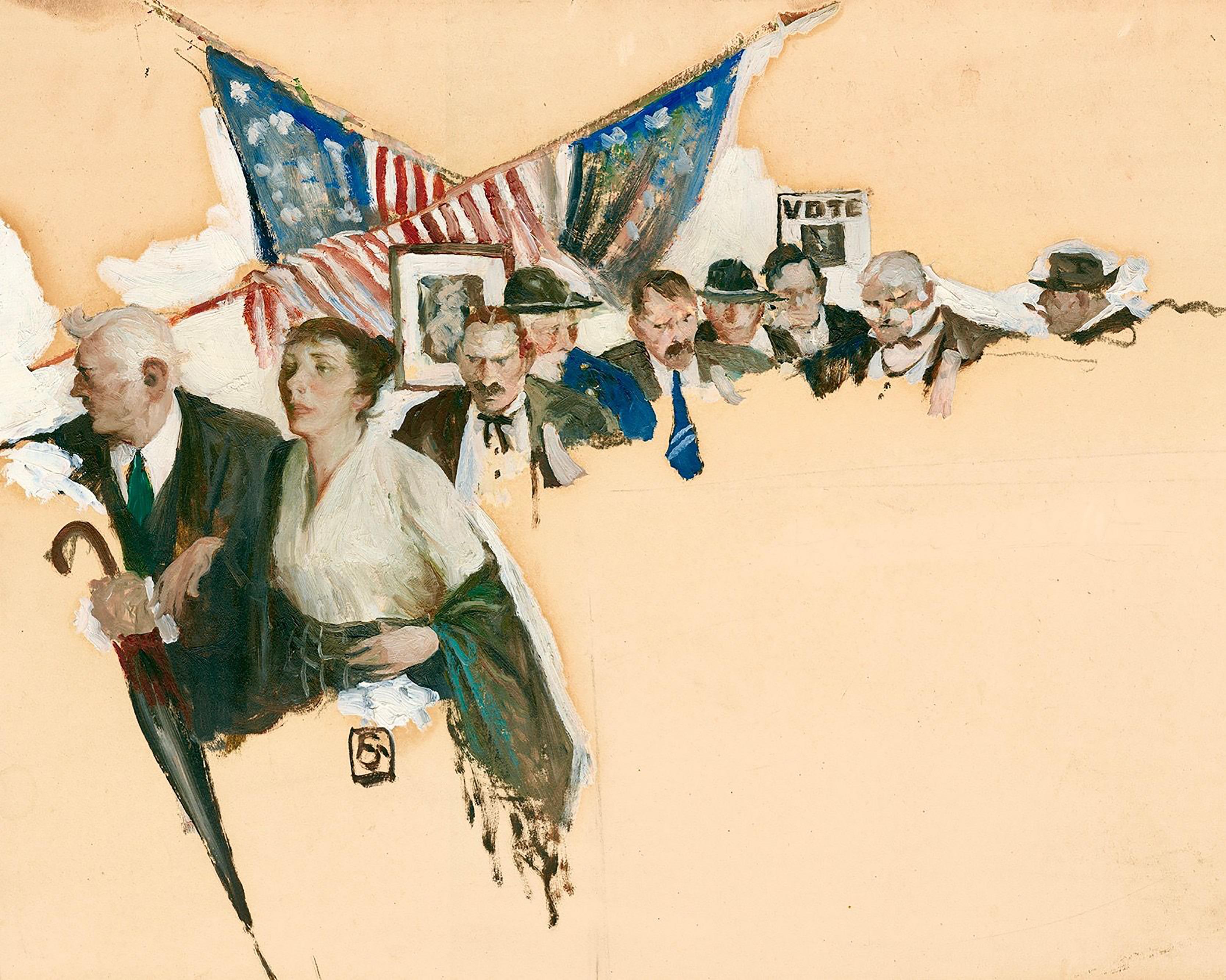 Figurative Painting de Frank Street - Mujer votando, Ilustración de historia de revista