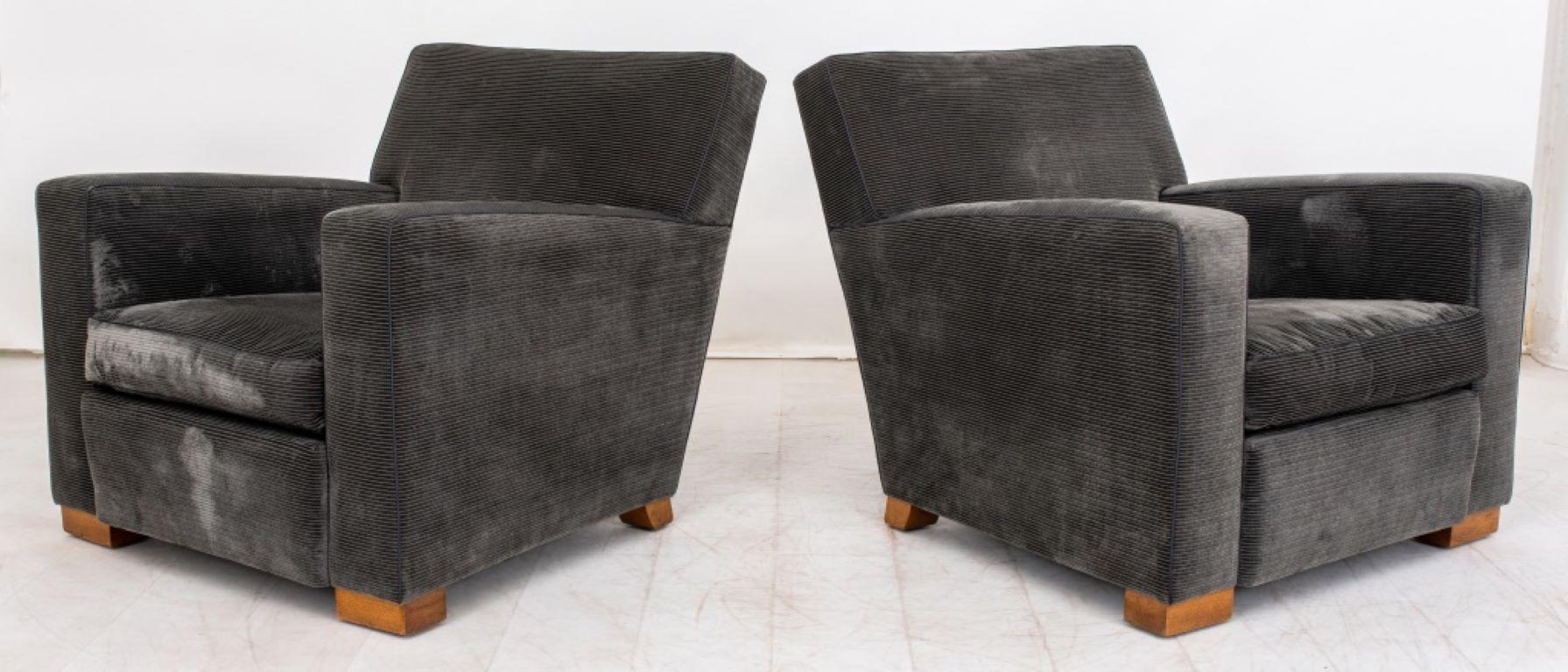 Pair of Art Deco Club Armchairs with ribbed dark sage green upholstery, in the Style of Jean Michel Frank.