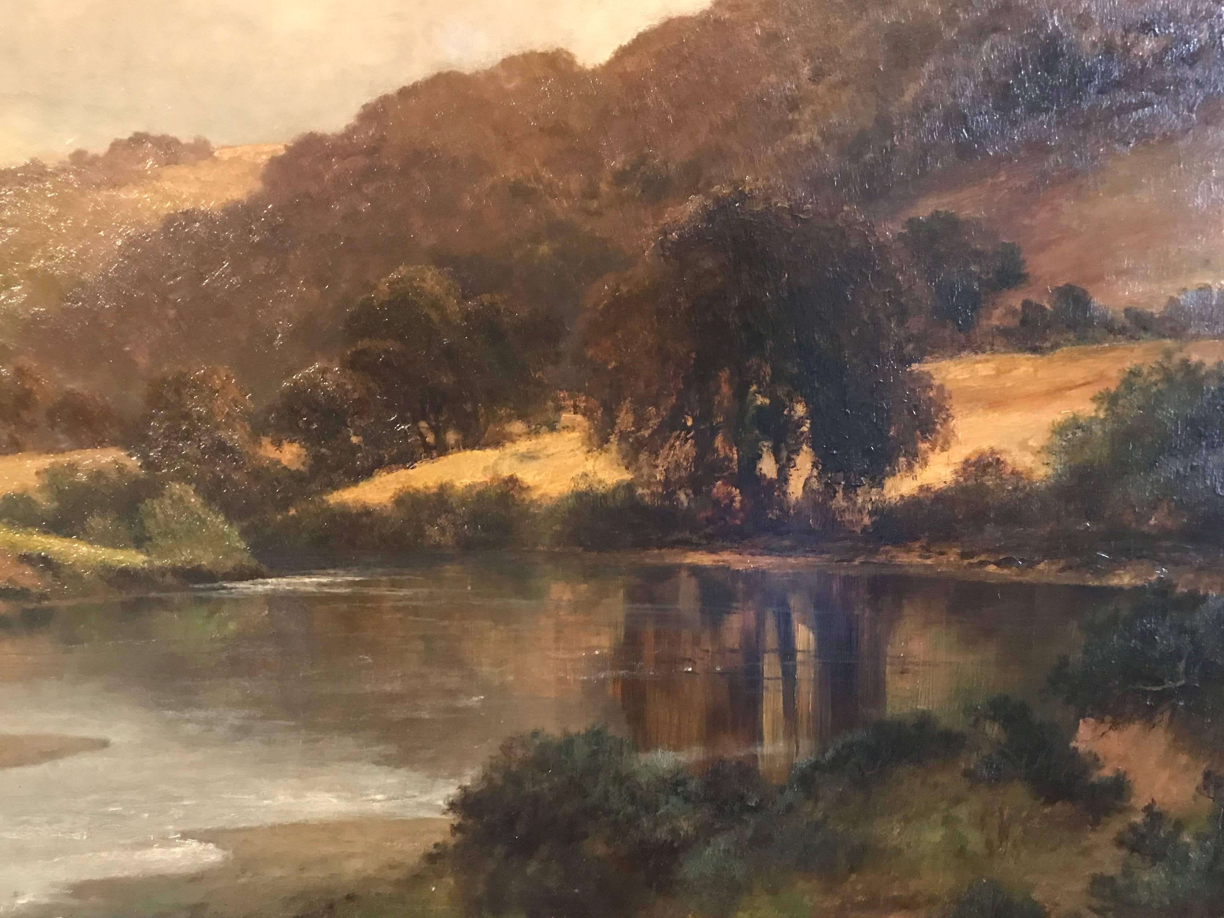 Autumn, Huge River Landscape Oil Painting British Artist - Brown Landscape Painting by Frank T. Carter