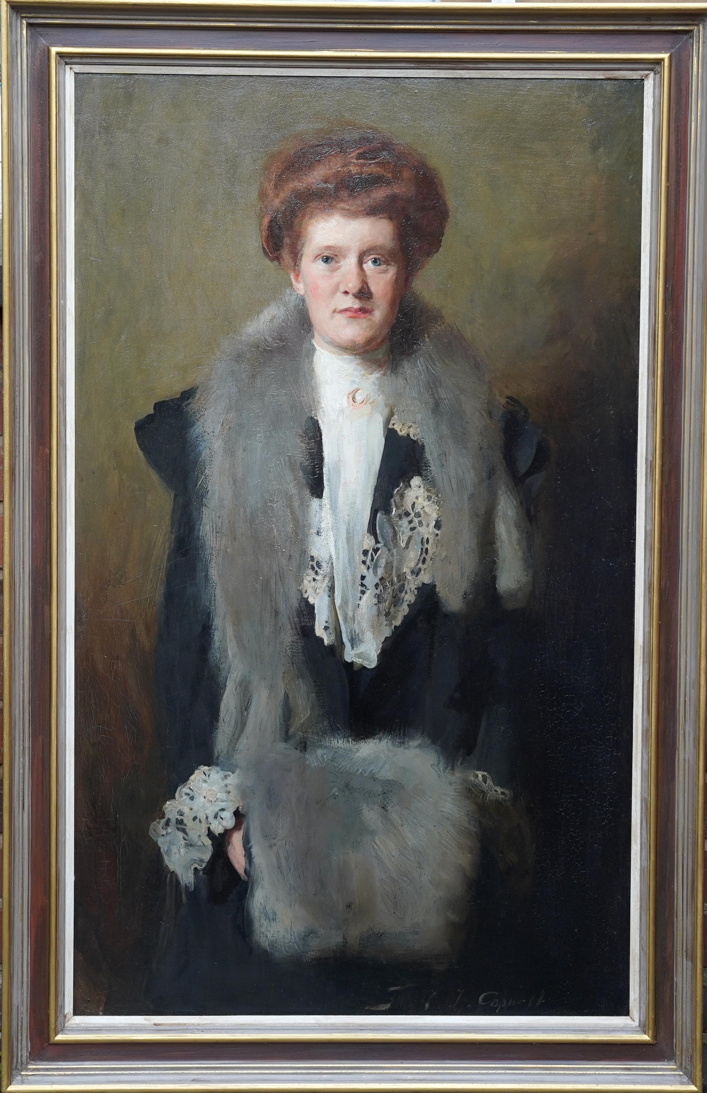 Portrait of a Lady in Stole and Muff - British Edwardian art oil painting For Sale 5