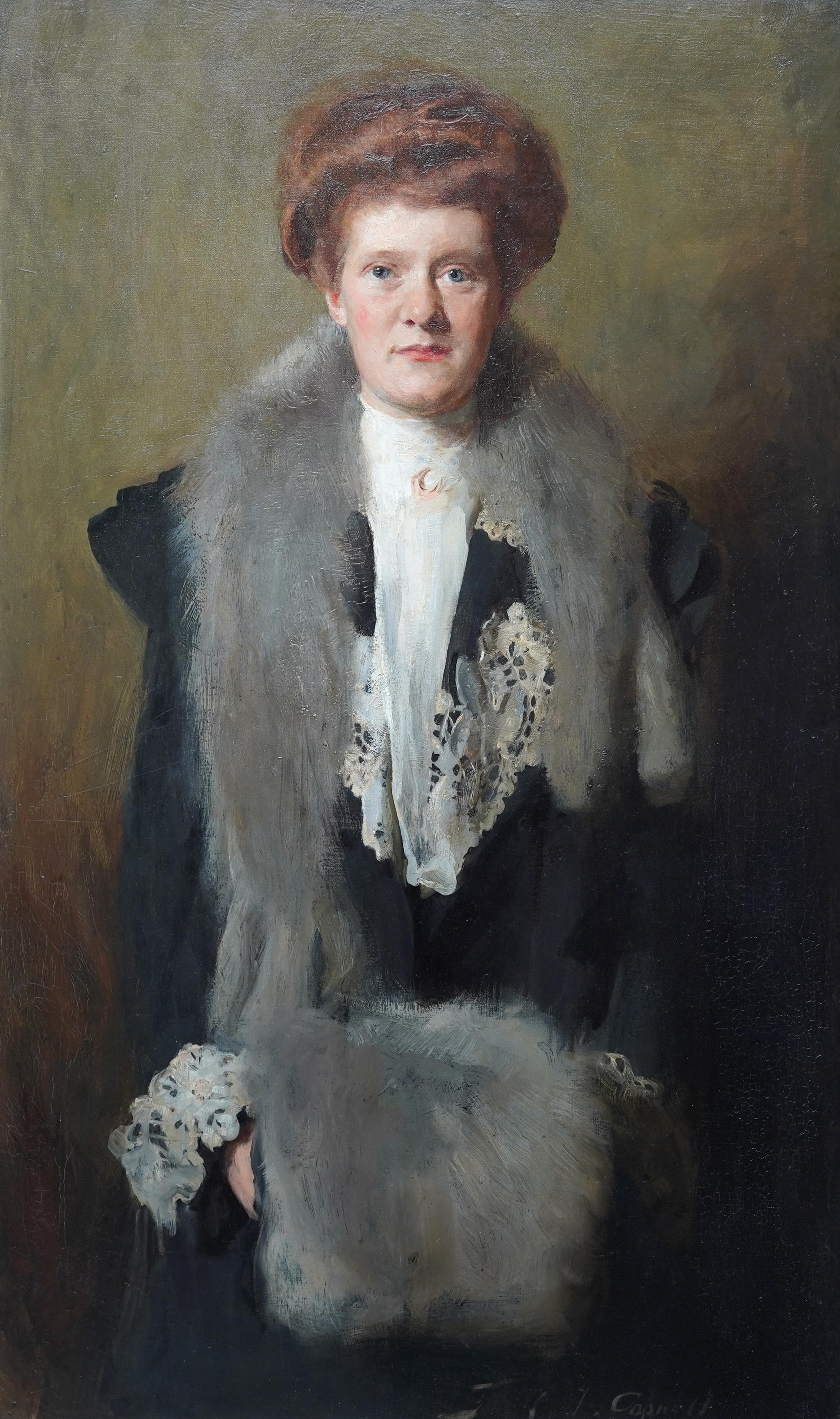 Portrait of a Lady in Stole and Muff - British Edwardian art oil painting - Painting by Frank Thomas Copnall