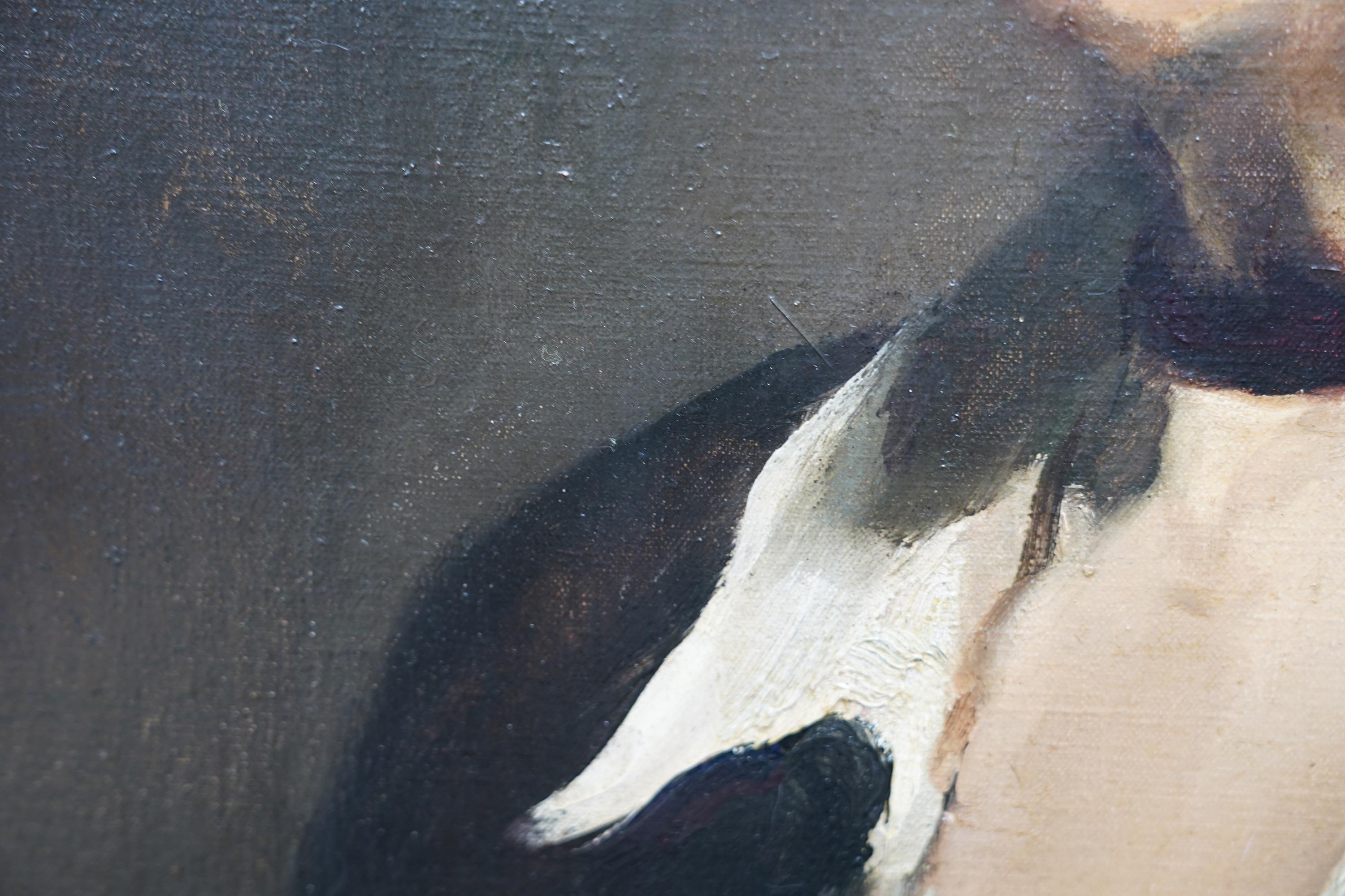 Dieses beeindruckende britische Porträt-Ölgemälde aus der Edwardianischen Zeit stammt von dem bekannten Künstler Frank Thomas Copnall. Es wurde um 1910 gemalt und hängt in der Williamson Art Gallery and Museum in Birkenhead, Merseyside.  Bei der