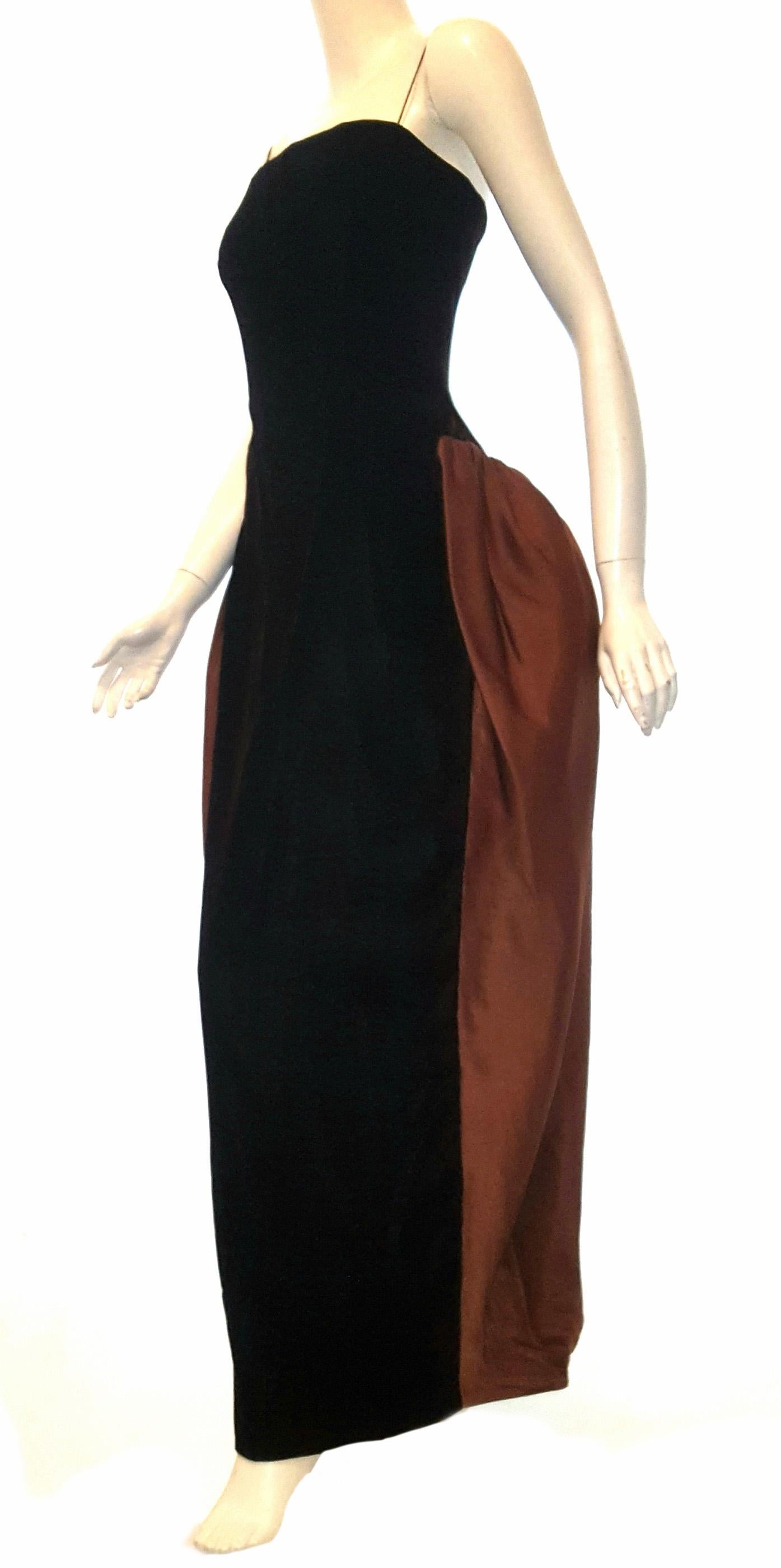 Frank Tignino strapless brown wool velvet form fitting gown with copper tone silk satin tulip skirt that includes a tulle mini slip under skirt. This dramatic two tone design contains a zipper corset with side boning.  This gown is fully lined. 