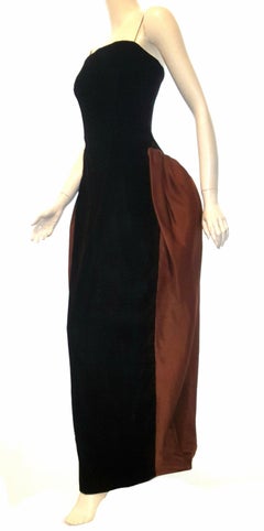 Frank Tignino Strapless Brown Velvet & Copper Tone Tulip Satin Gown