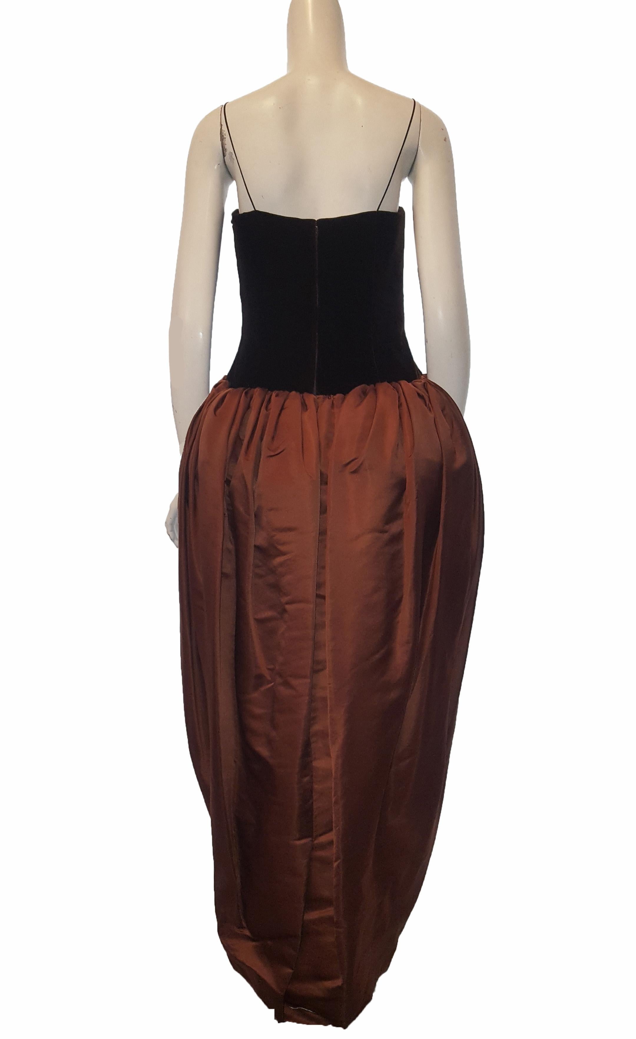 Black Frank Tignino Strapless Brown Velvet & Copper Tone Tulip Satin Gown