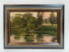 Antique American Impressionist Sunset Landscape Signed Original Oil Painting