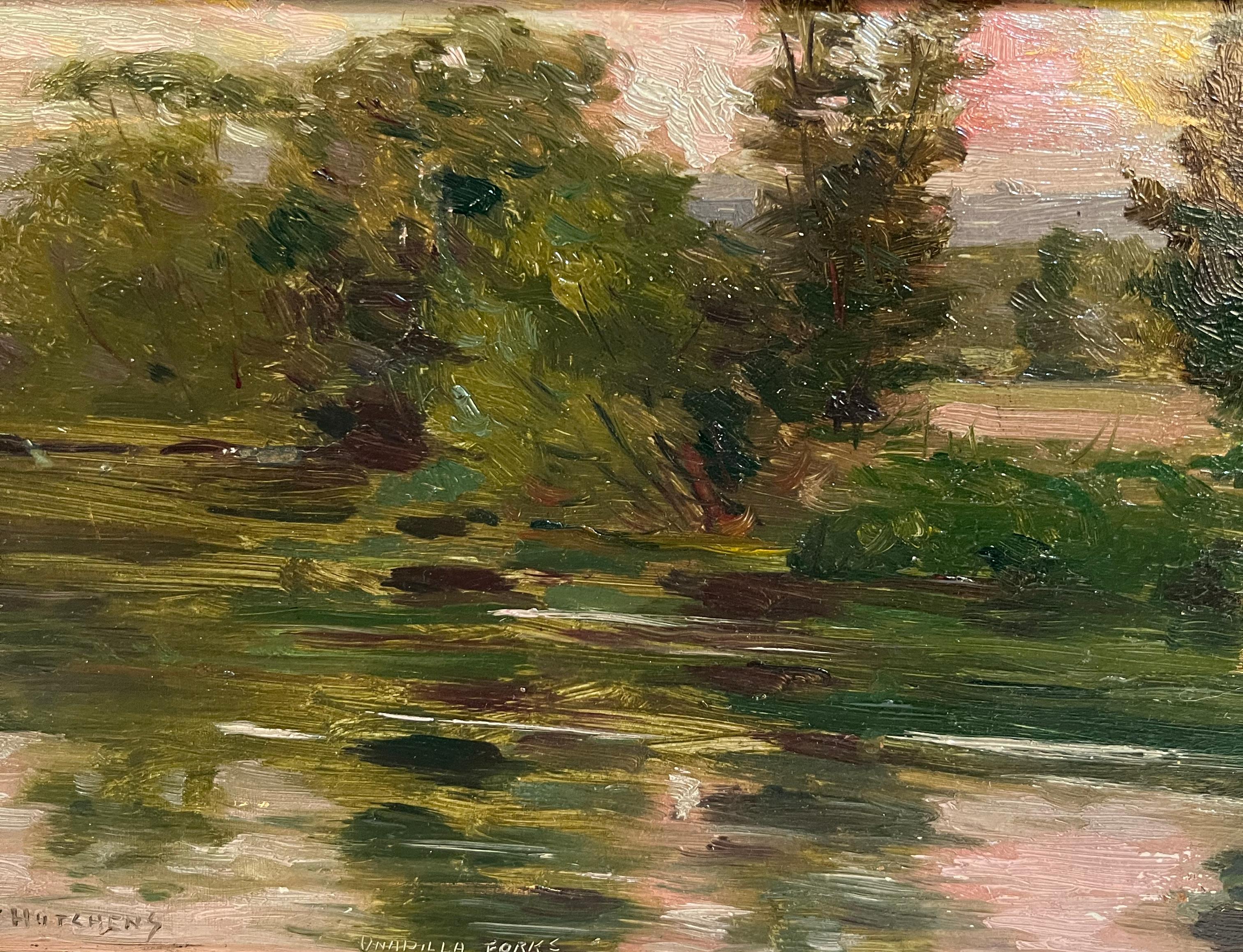 Antique American impressionist landscape oil painting.  Oil on board, circa 1920.  Signed.  Framed.  Image size, 9