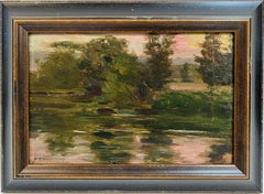 Antique American Impressionist Sunset Landscape Signed Original Oil Painting