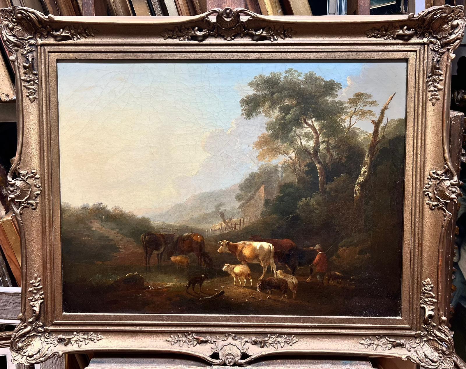 1850's English Romantic Landscape Oil Shepherd Boy crossing Stream with Cattle - Painting by Frank Traies