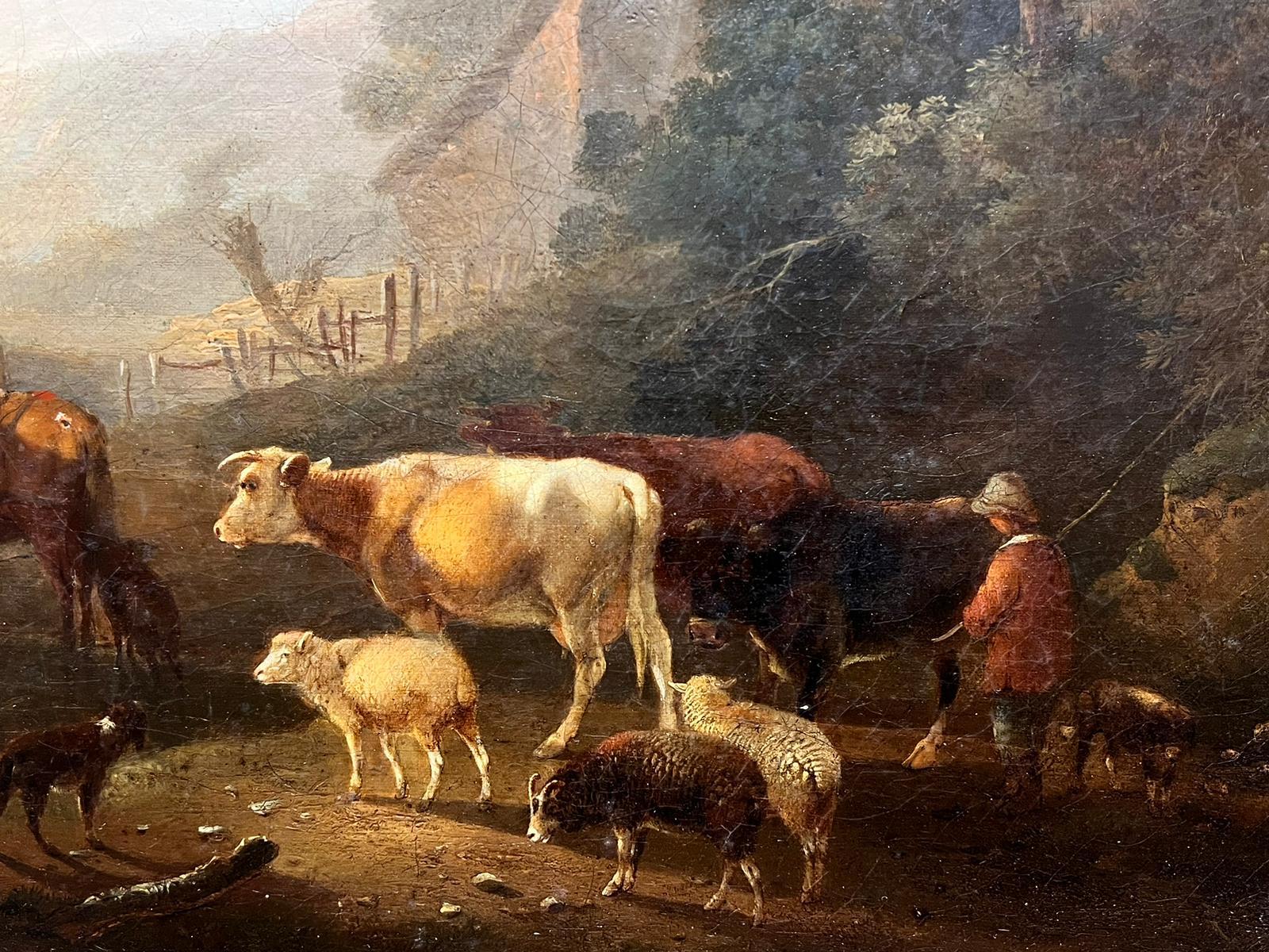 1850's English Romantic Landscape Oil Shepherd Boy crossing Stream with Cattle - Victorian Painting by Frank Traies