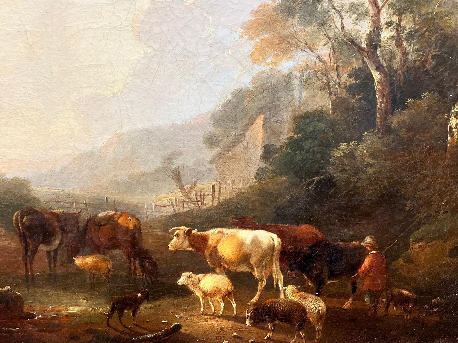 1850's English Romantic Landscape Oil Shepherd Boy crossing Stream with Cattle For Sale 2