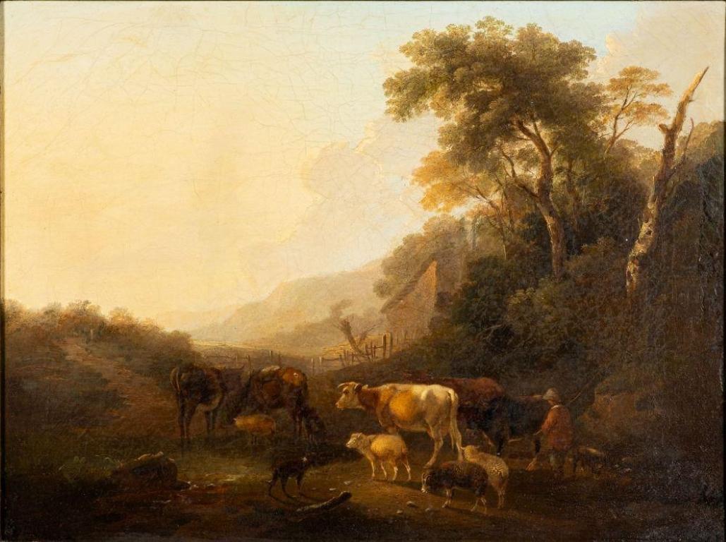 Frank Traies Animal Painting - 1850's English Romantic Landscape Oil Shepherd Boy crossing Stream with Cattle