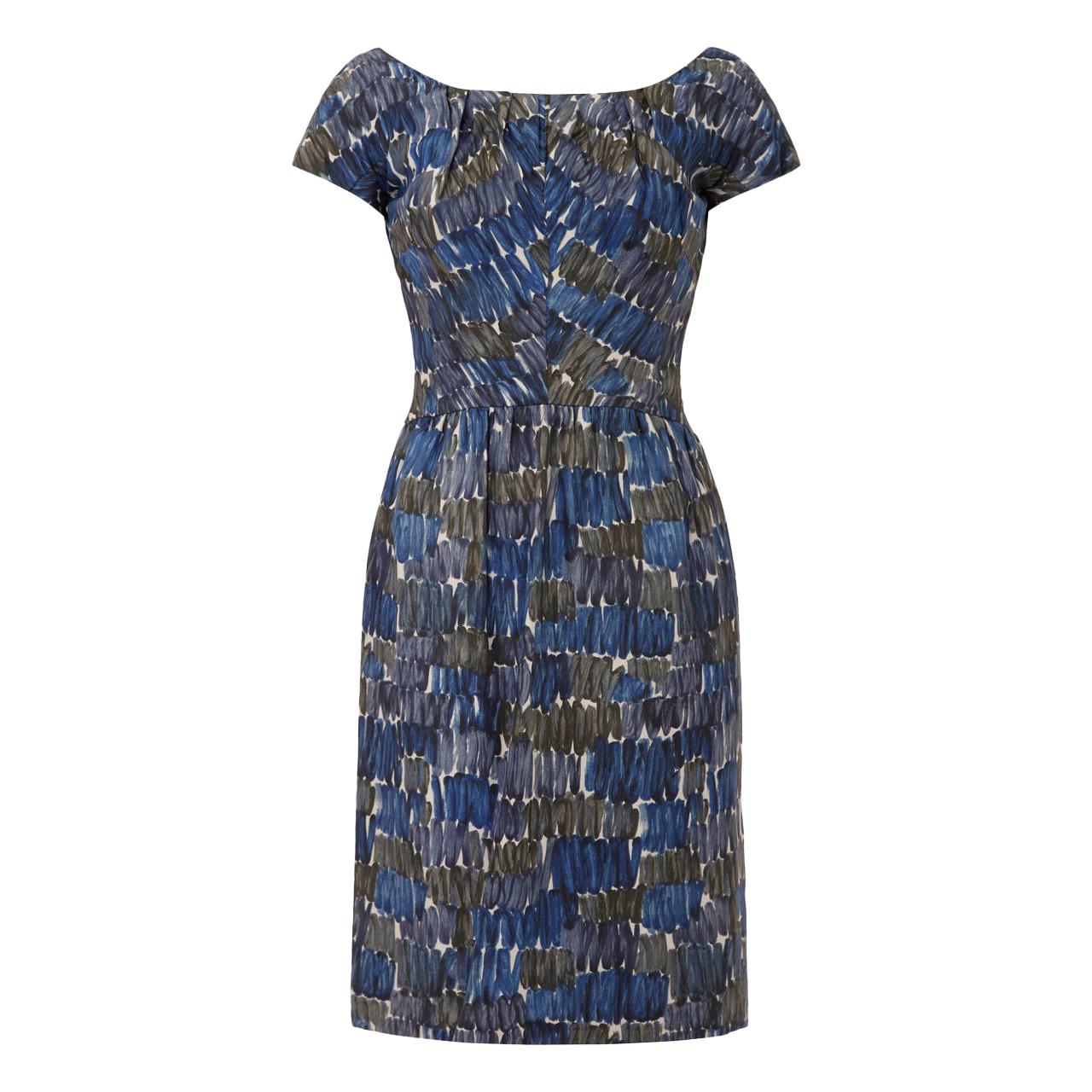 Frank Usher 1950s Printed Abstract Blue Silk Dress