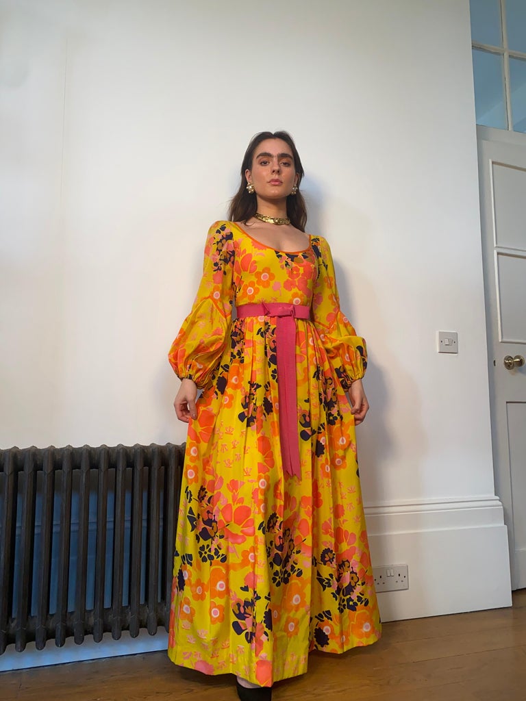 Women's Frank Usher 1960s Psychedelic Floral Maxi Dress For Sale