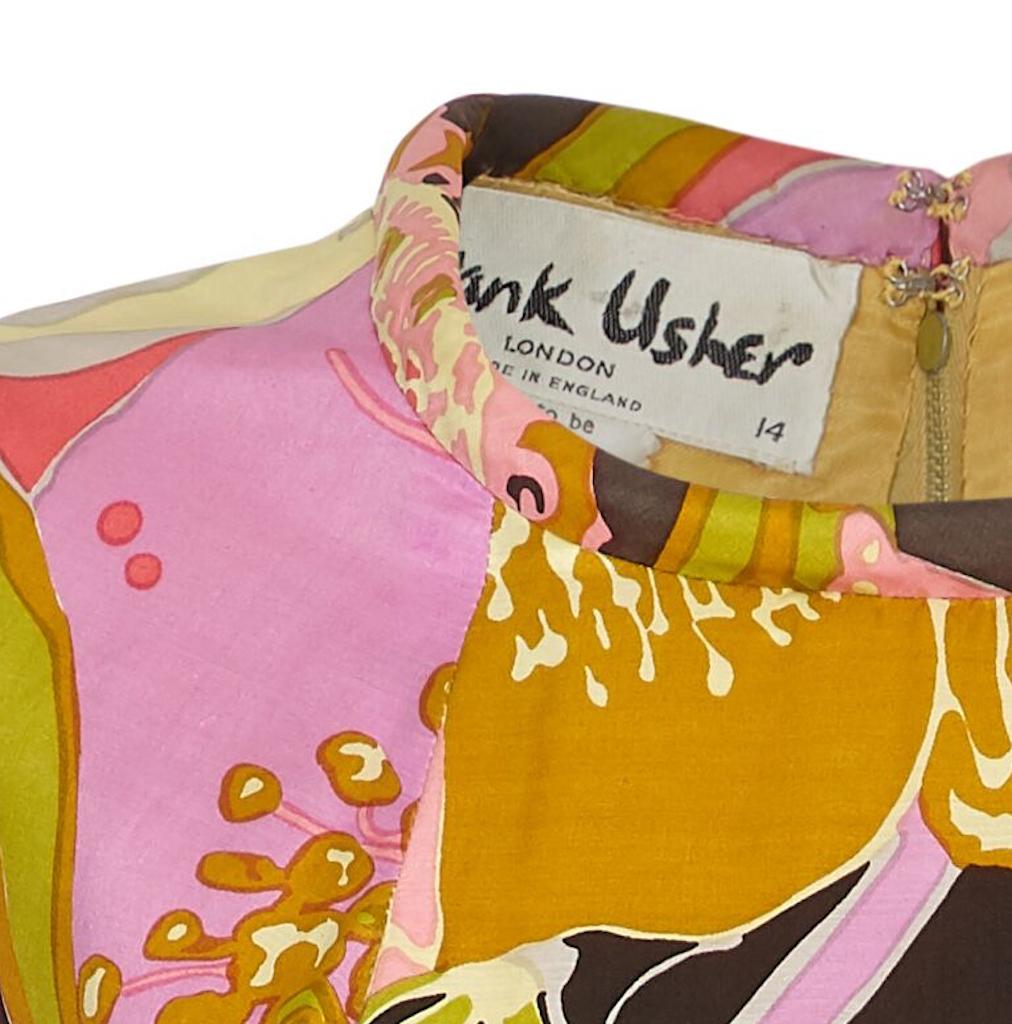 Frank Usher 1960s Silk Psychedelic Print Shift Dress With Fluted Sleeves In Excellent Condition In London, GB