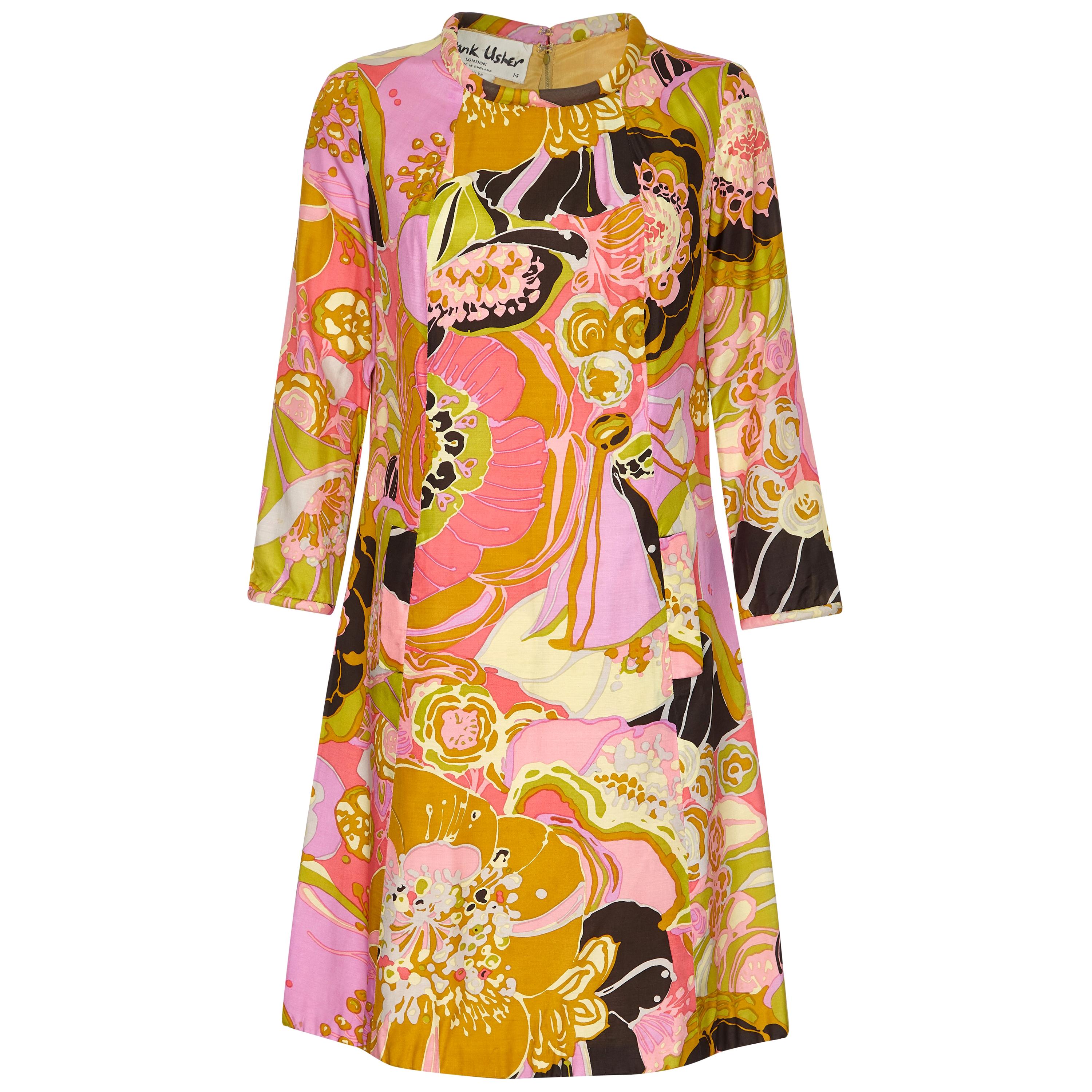 Frank Usher 1960s Silk Psychedelic Print Shift Dress With Fluted Sleeves
