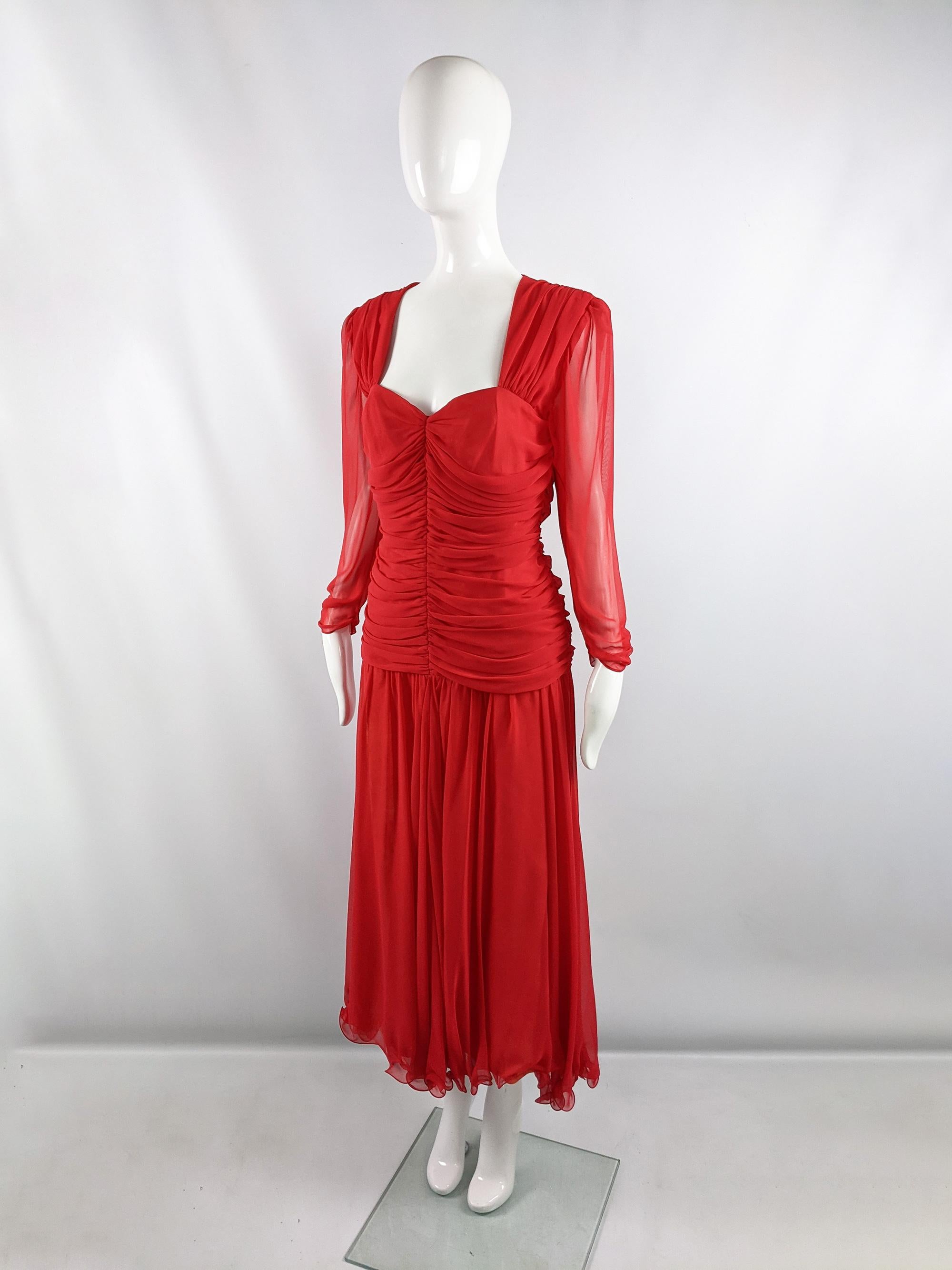 Women's Frank Usher Vintage 80s Red Chiffon Ruched Sheer Sleeves Full Skirt Dress, 1980s