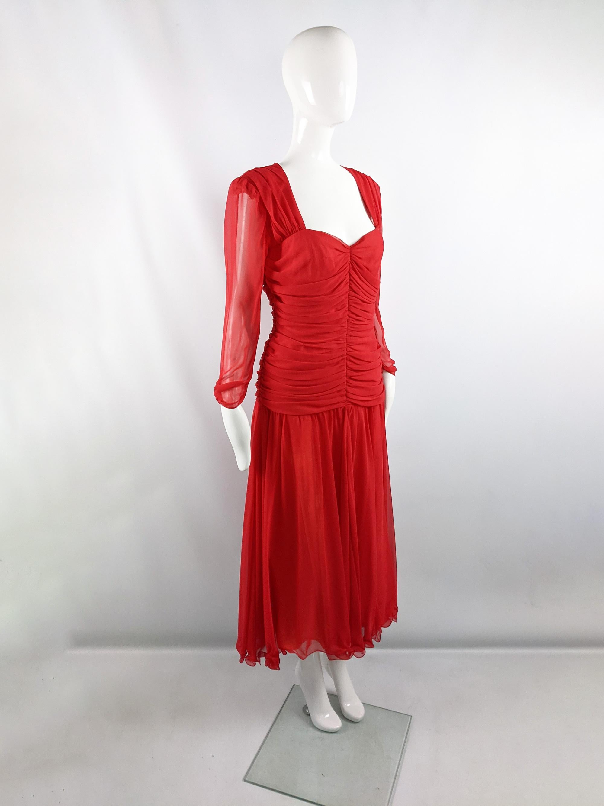 Frank Usher Vintage 80s Red Chiffon Ruched Sheer Sleeves Full Skirt Dress, 1980s 1