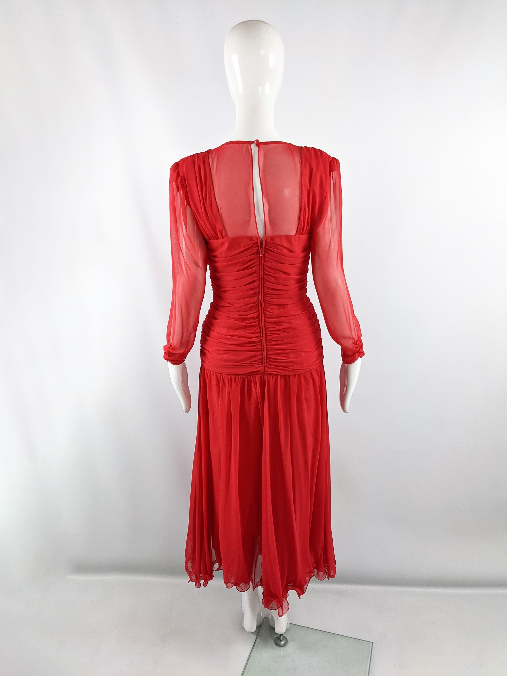 Frank Usher Vintage 80s Red Chiffon Ruched Sheer Sleeves Full Skirt Dress, 1980s 2
