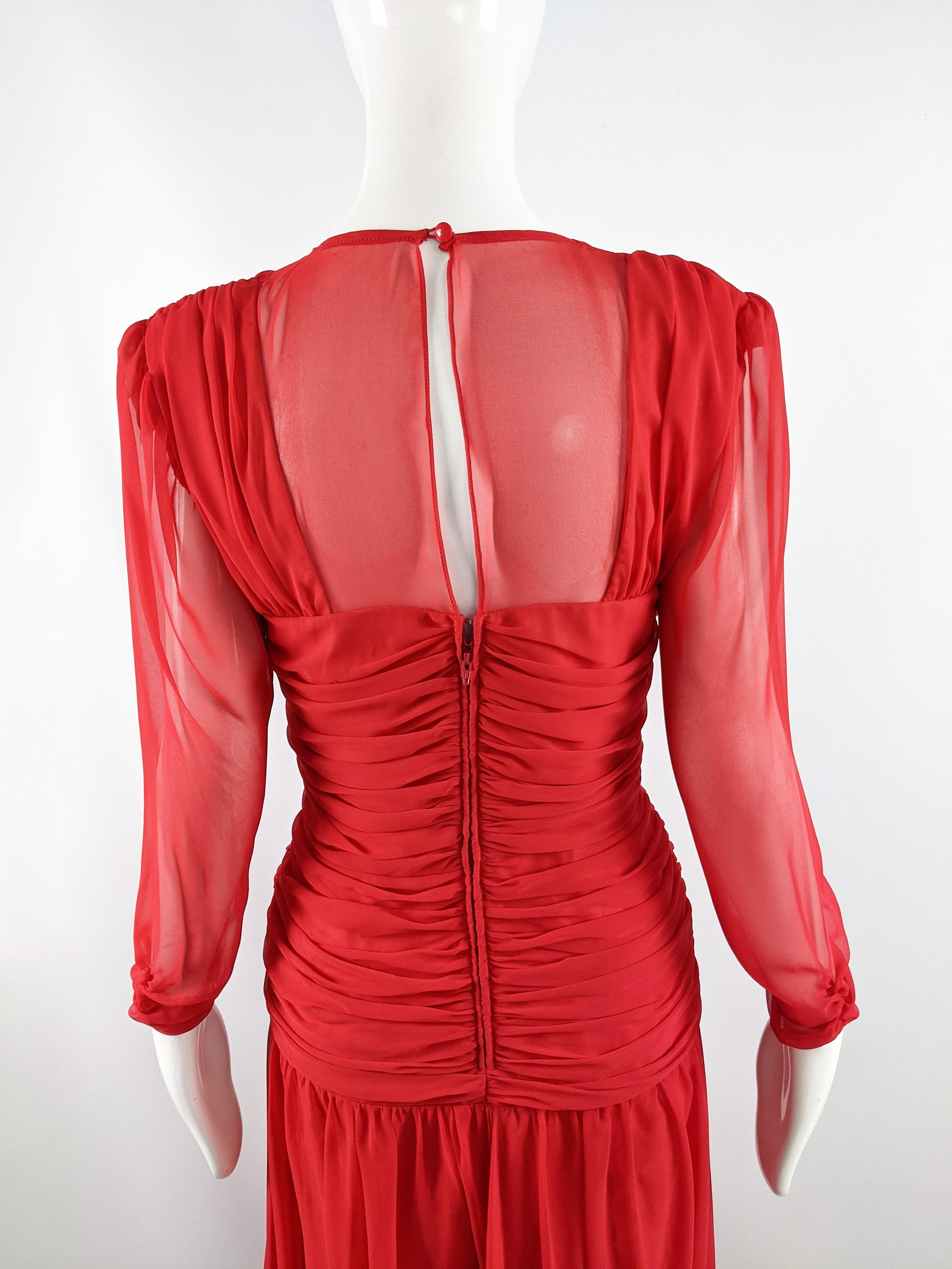 Frank Usher Vintage 80s Red Chiffon Ruched Sheer Sleeves Full Skirt Dress, 1980s 3