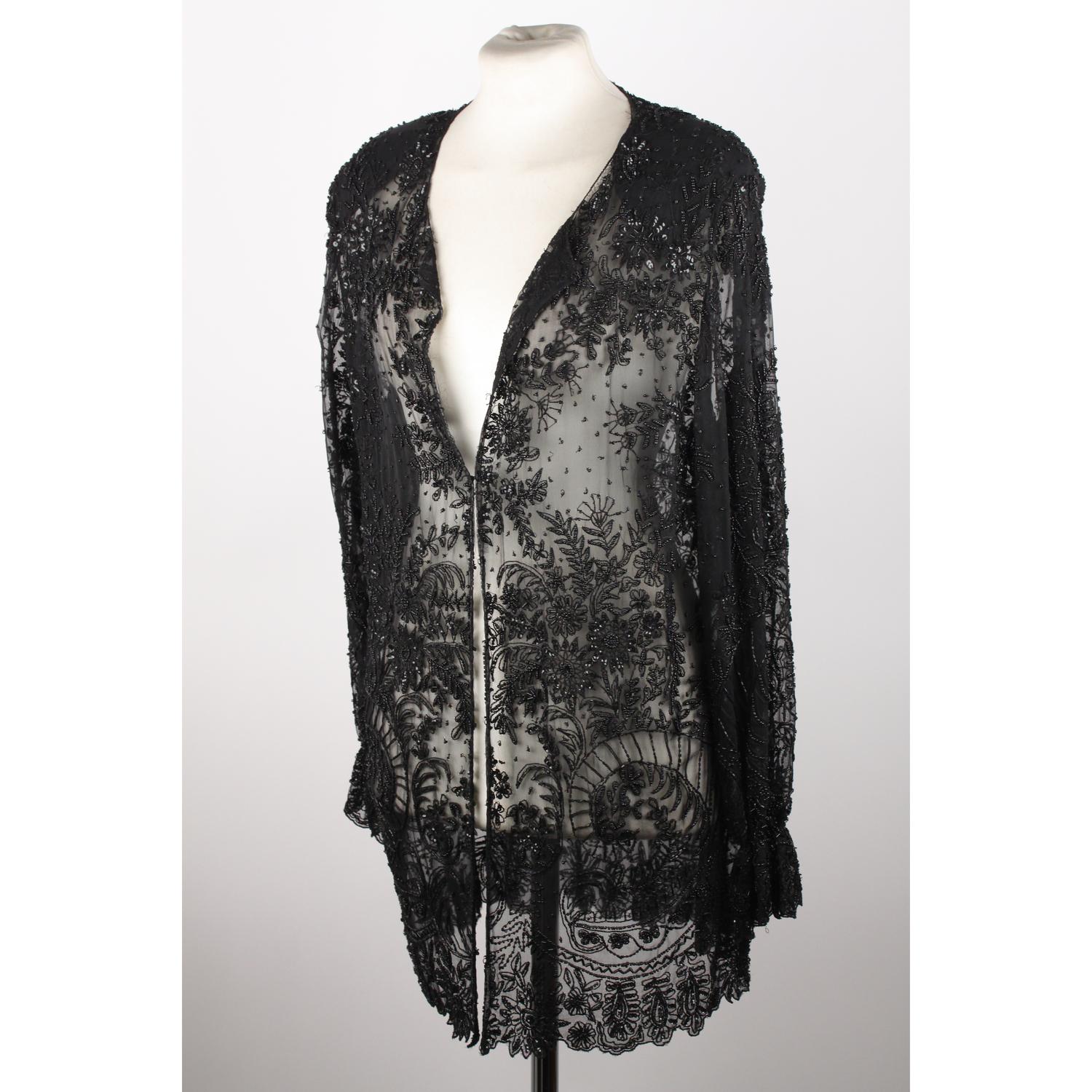 Frank Usher Vintage Black Embellished Beaded Sheer Shirt Blouse Size S In Excellent Condition In Rome, Rome