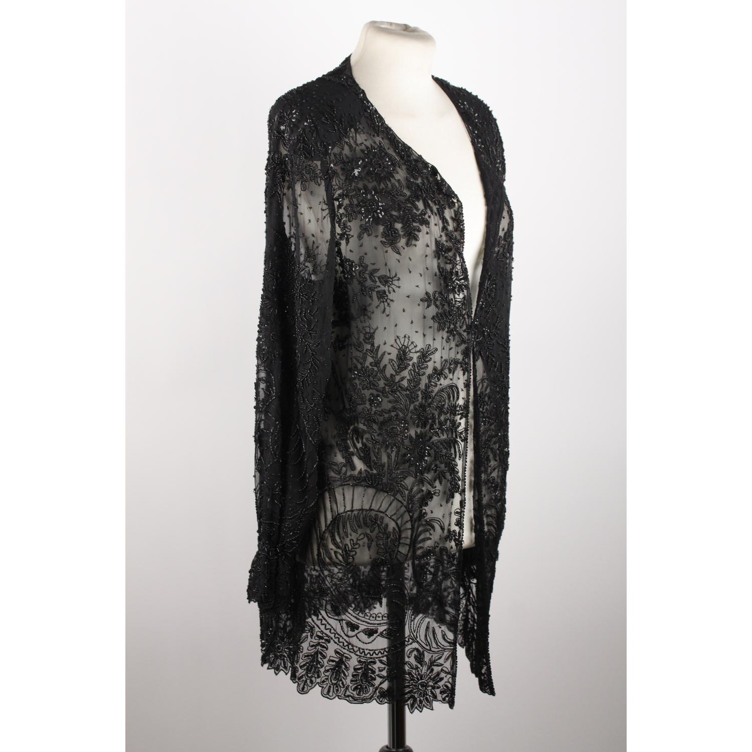 Women's Frank Usher Vintage Black Embellished Beaded Sheer Shirt Blouse Size S