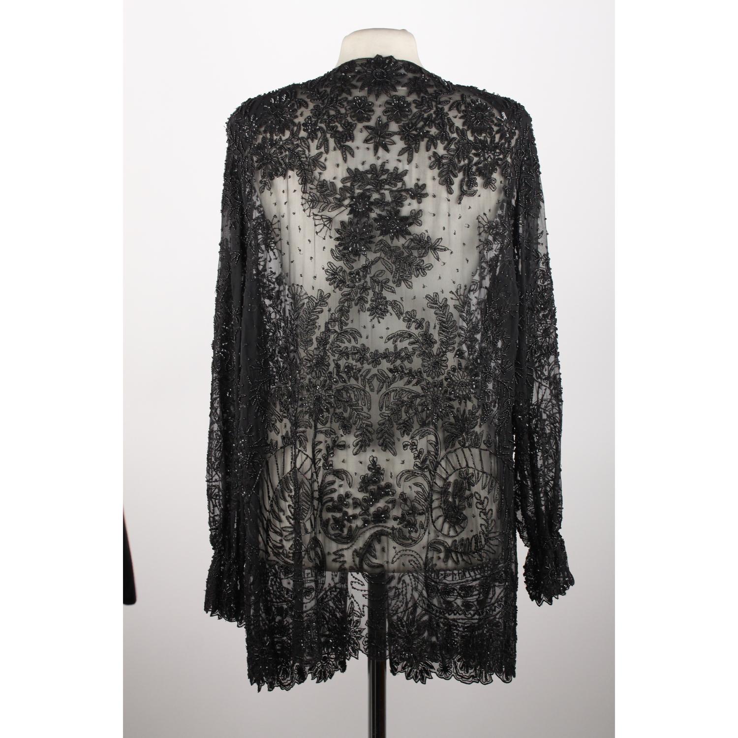 Frank Usher Vintage Black Embellished Beaded Sheer Shirt Blouse Size S 2