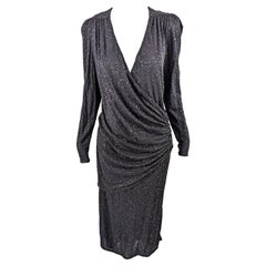Frank Usher Vintage Black Sequin Glitter Long Sleeve Ruched Party Dress, 1980s