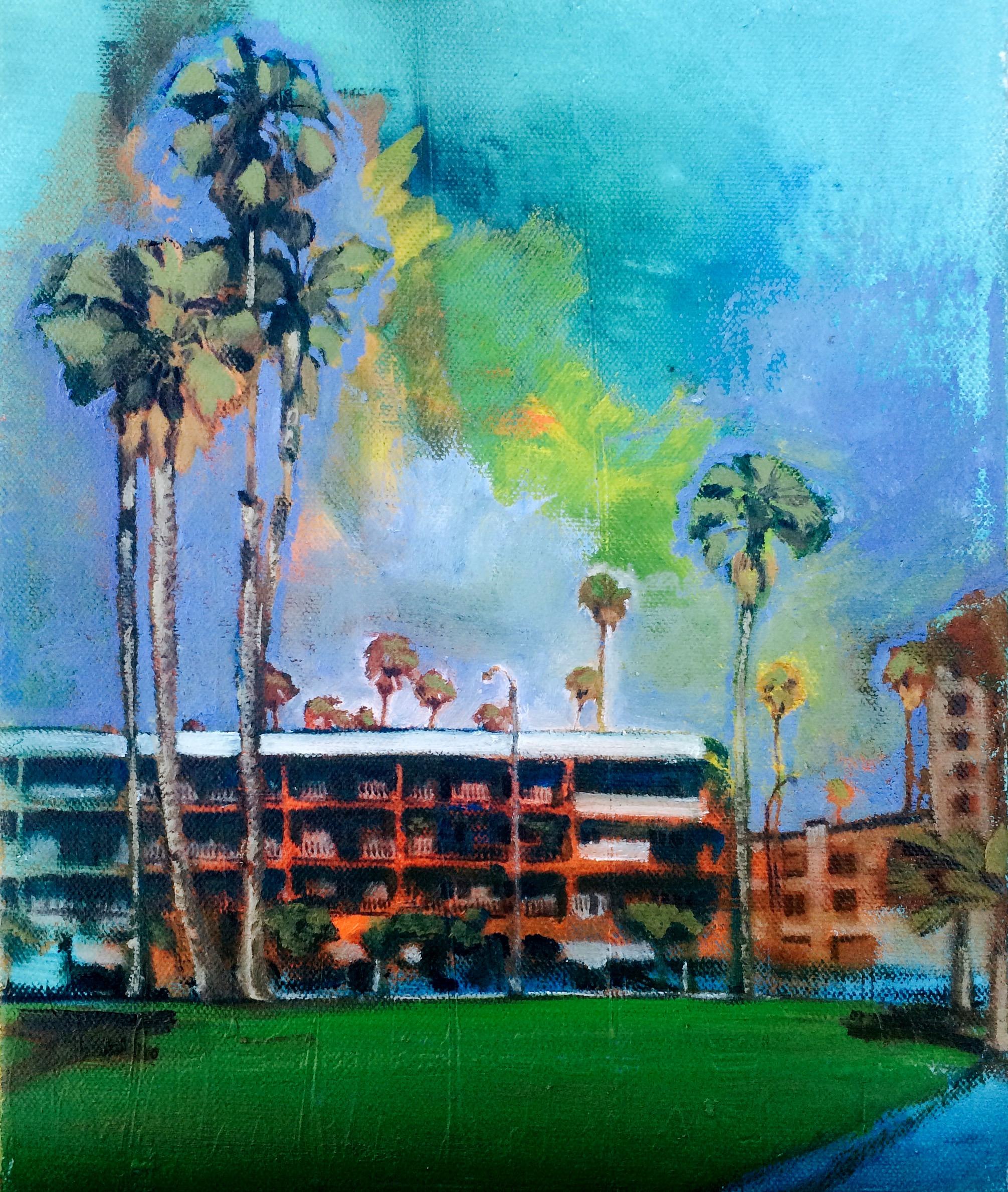 Mexican Fan Palms out in front of the Bayside Hotel, roiling sky; Ocean Ave, Santa Monica, CA :: Painting :: Impressionist :: This piece comes with an official certificate of authenticity signed by the artist :: Ready to Hang: Yes :: Signed: Yes ::
