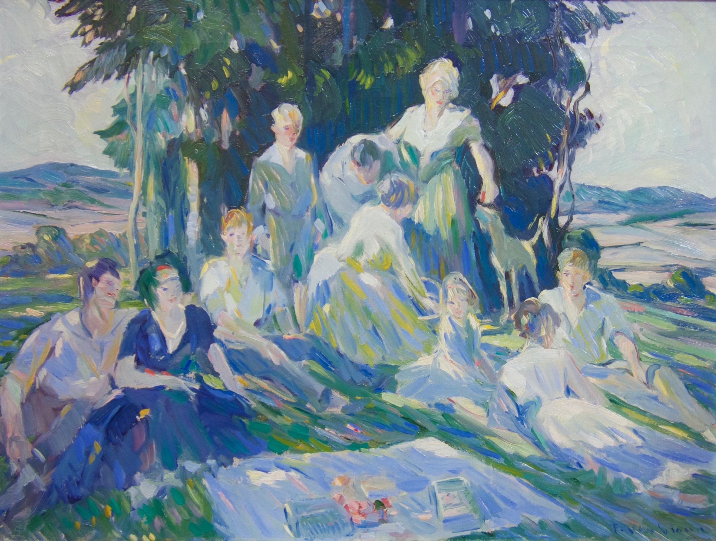 Quintessential California impressionist oil painting on canvas by artist Frank van Sloun depicting a group of people, possibly a family at leisure in the warm California sun.  
About the artist:  Frank van Sloun, (American 1879-1938), was an
