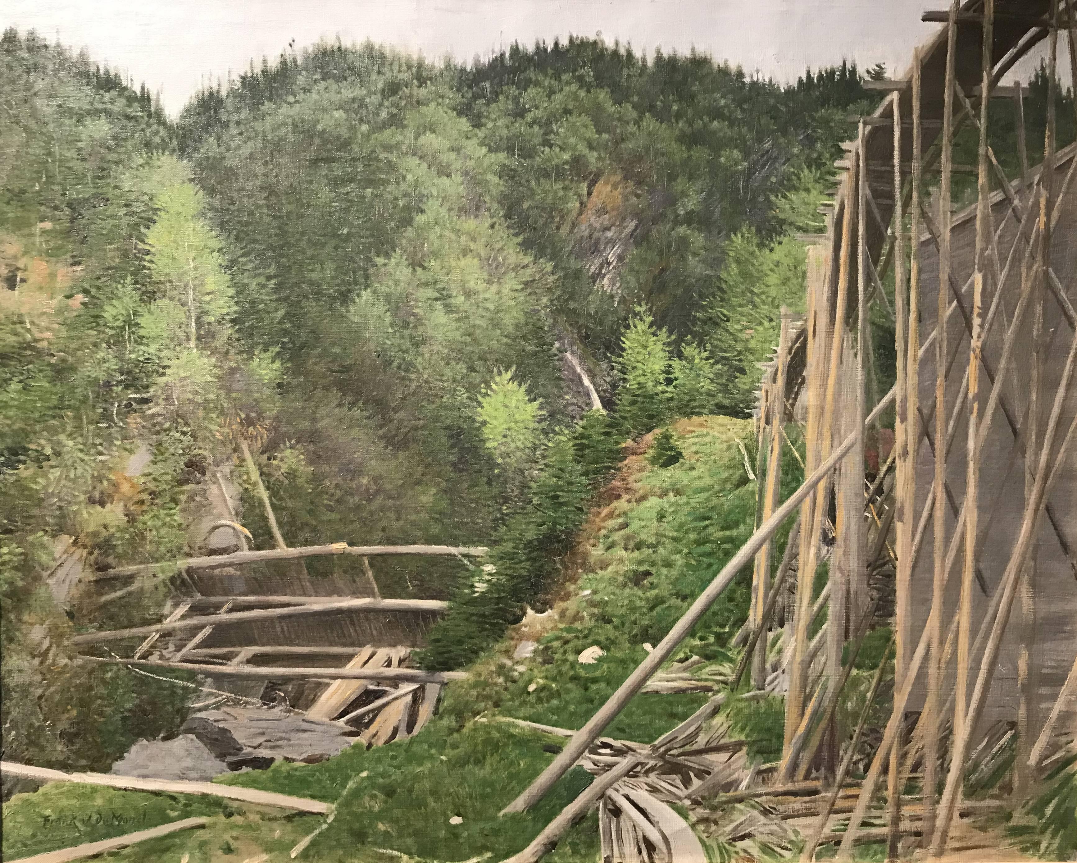 Landscape with Wooden Train Trestle - Painting by Frank Vincent Dumond