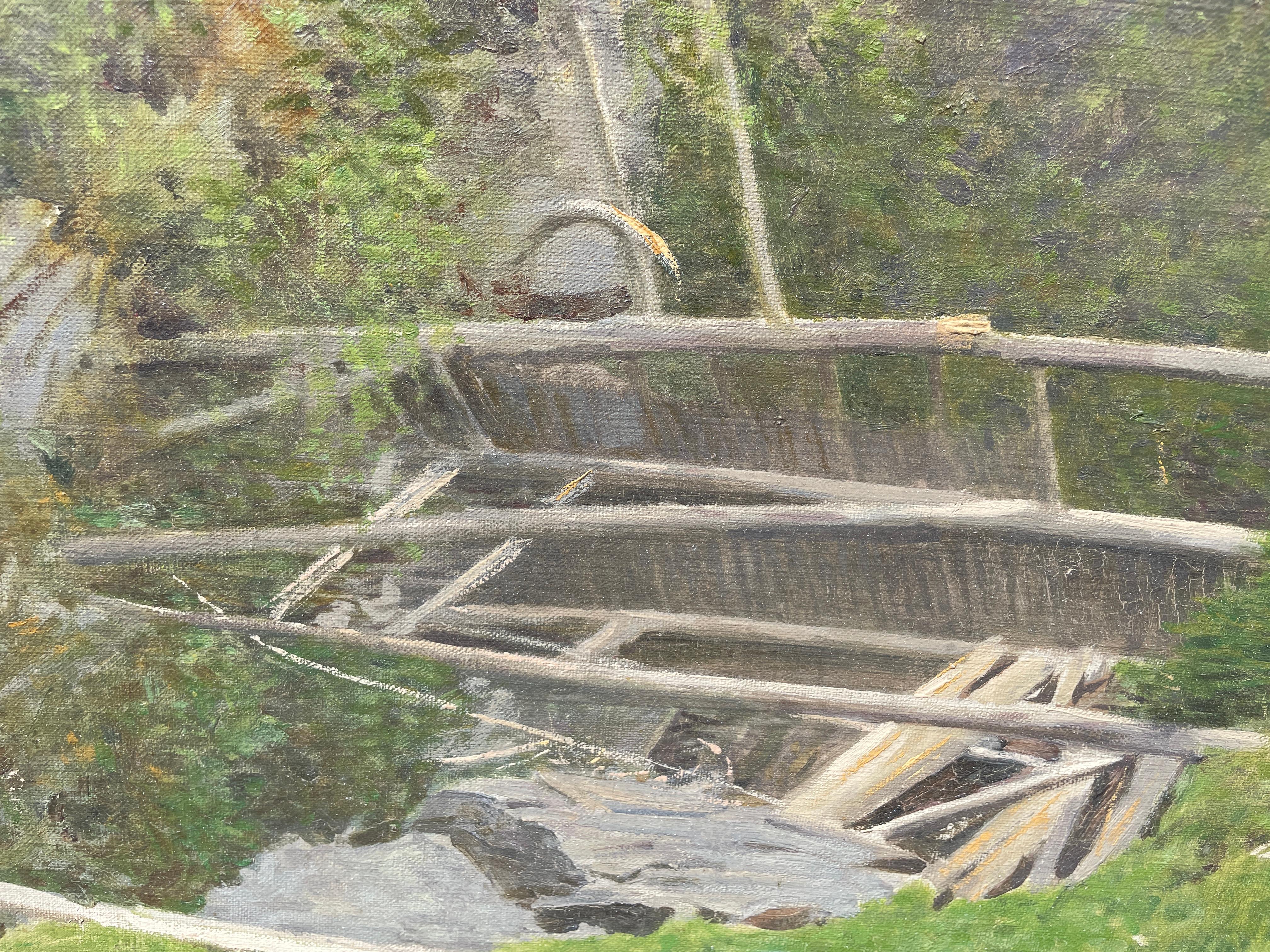 « The Train Trestle » Frank Dumond, peinture de paysage impressionniste américaine - Gris Landscape Painting par Frank Vincent Dumond